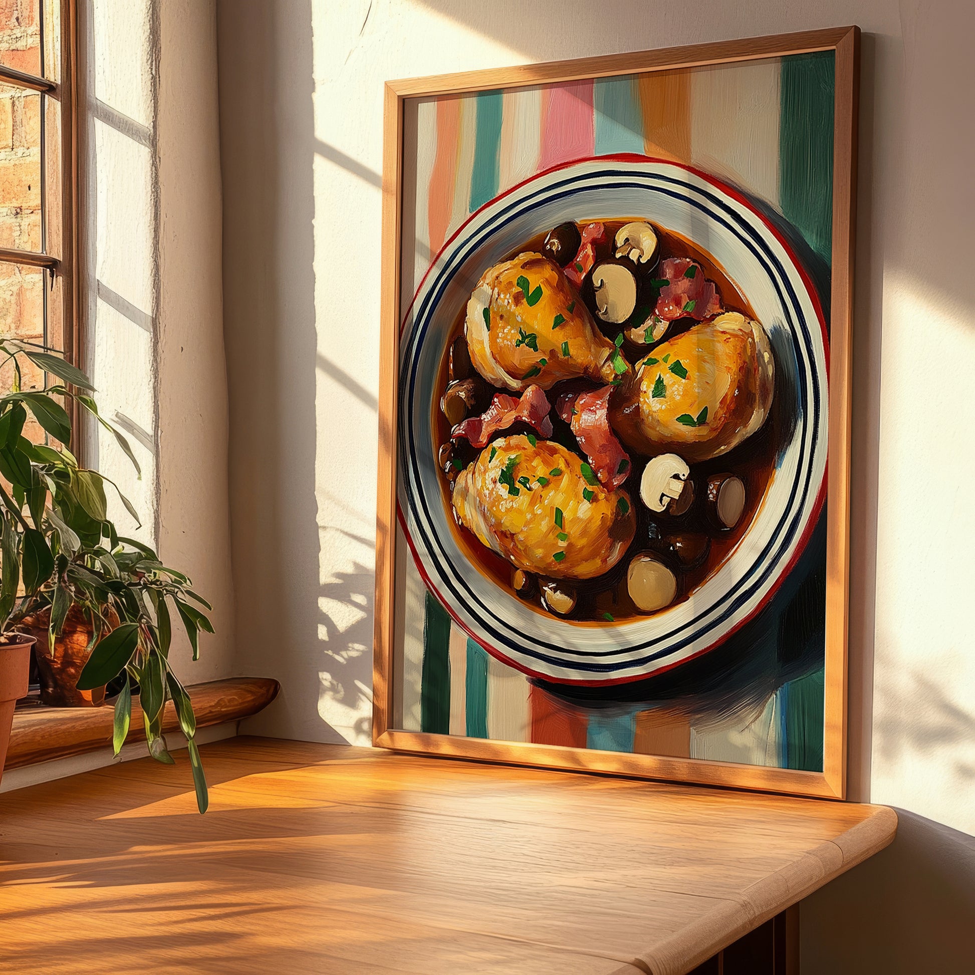 Coq au Vin – on Striped Tablecloth, French Food Poster, clean layout with no caption