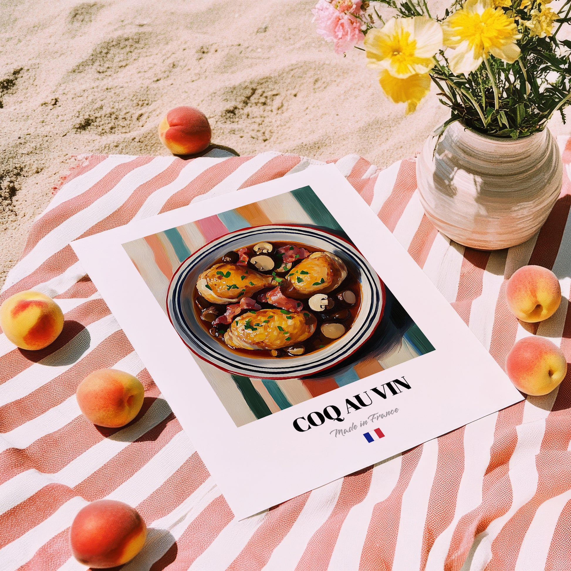 Coq au Vin – on Striped Tablecloth, French Food Poster, unframed on coastal sand