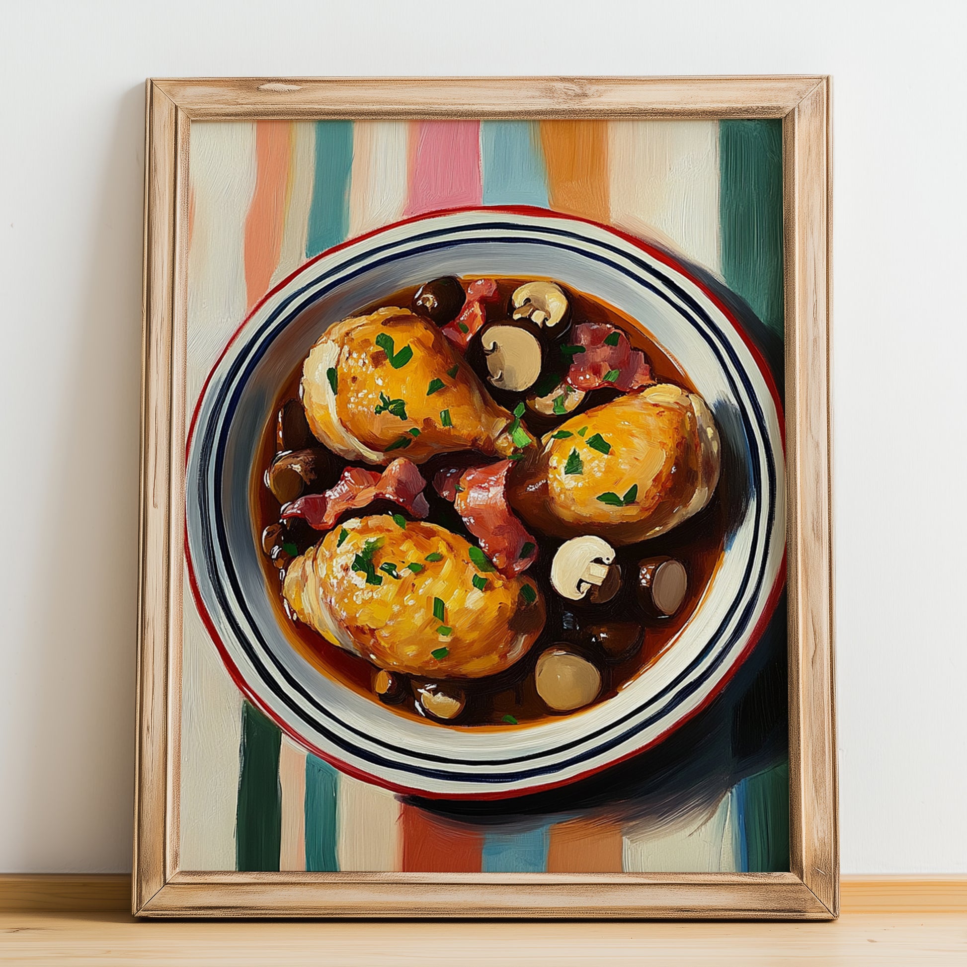 Coq au Vin – on Striped Tablecloth, French Food Poster, no-text version framed in wood