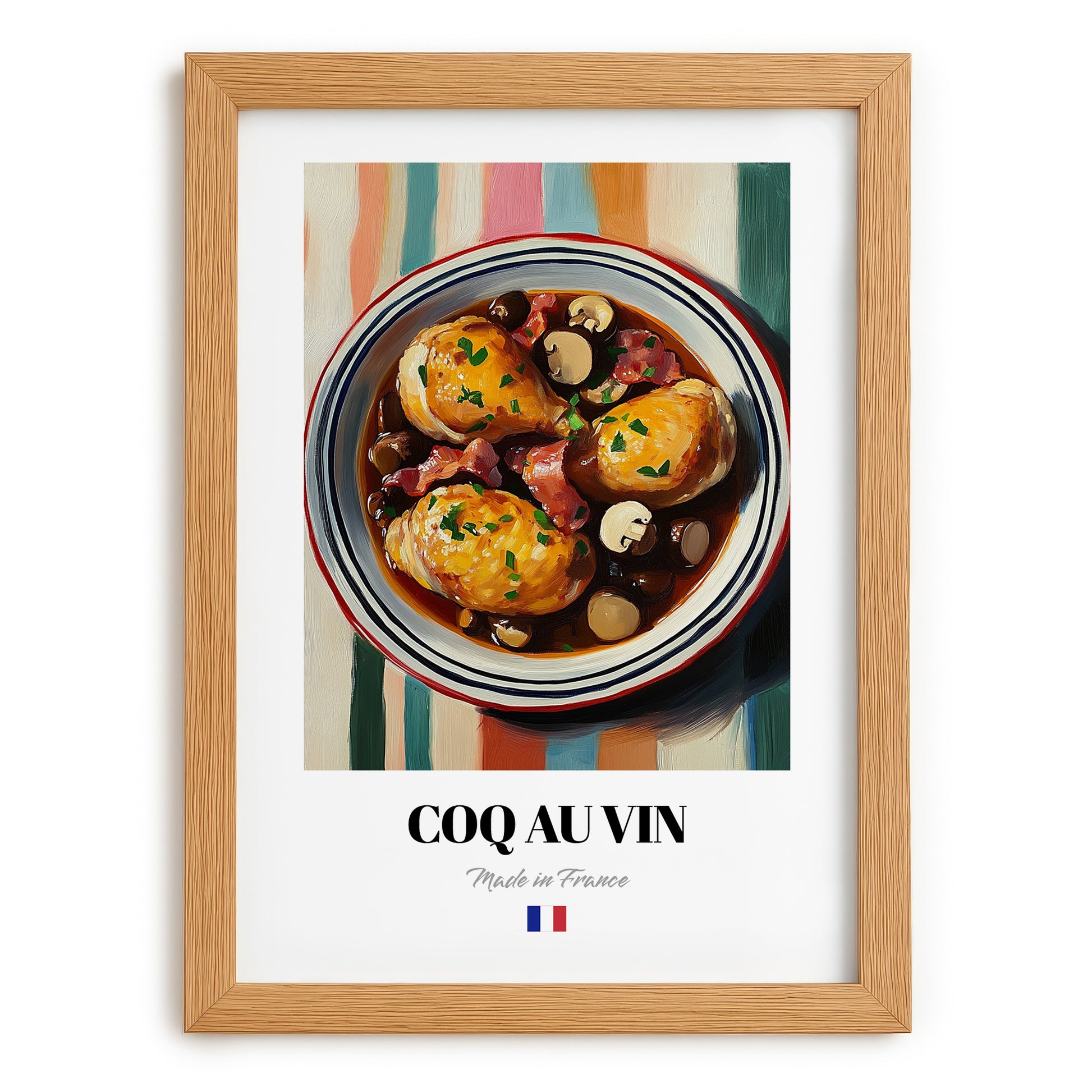 Coq au Vin – on Striped Tablecloth, French Food Poster, set in oak frame