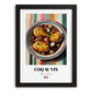 Coq au Vin – on Striped Tablecloth, French Food Poster, in sleek black frame