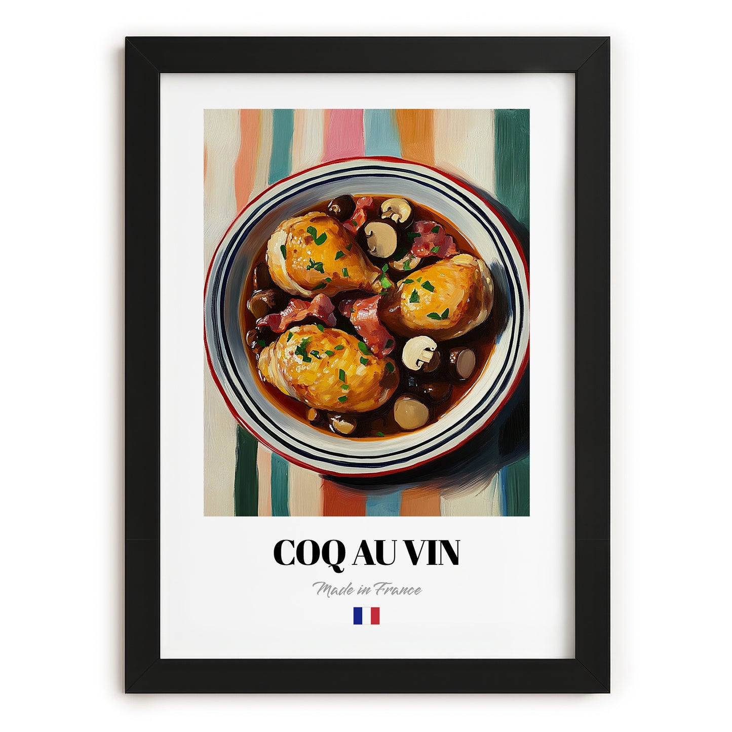 Coq au Vin – on Striped Tablecloth, French Food Poster, in sleek black frame