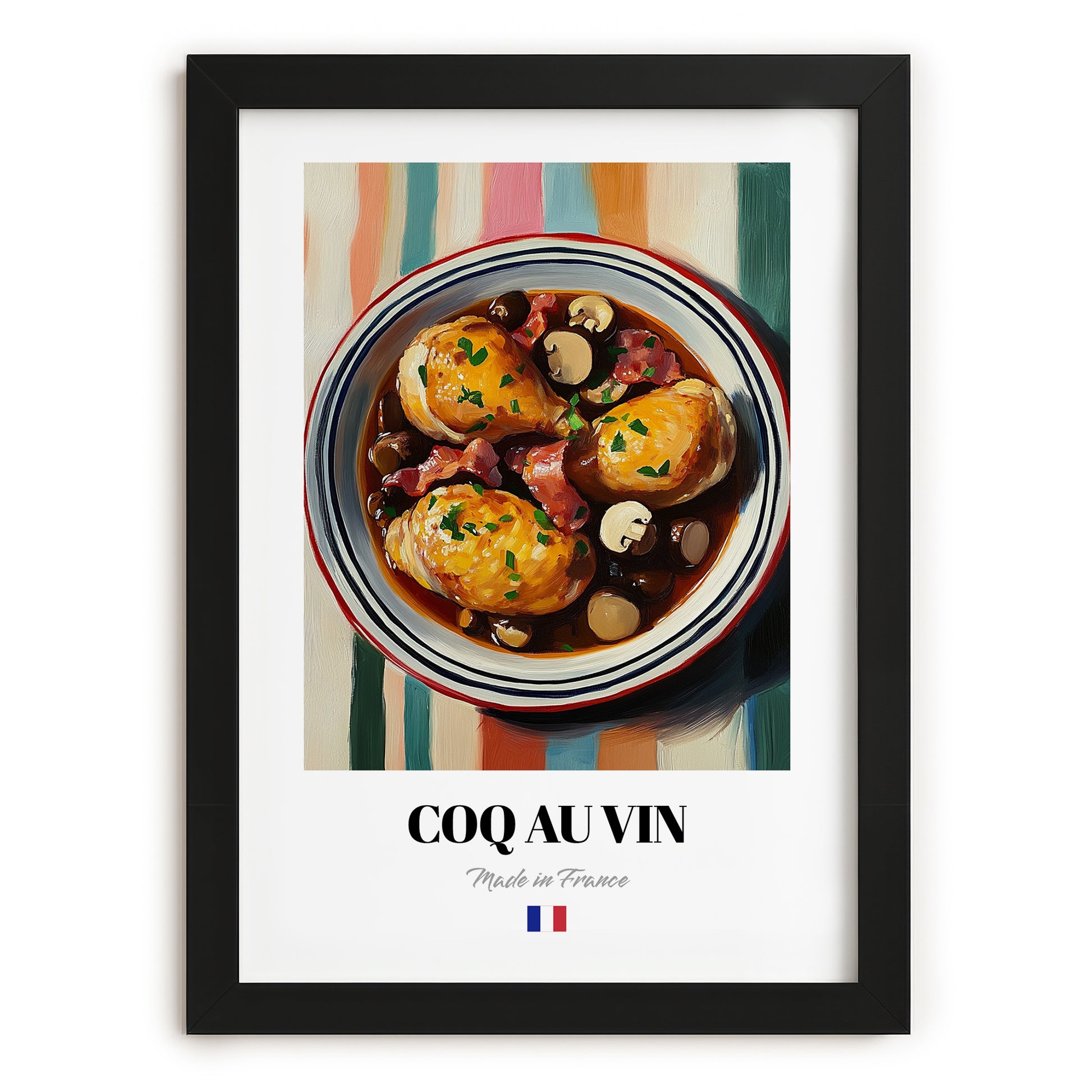 Coq au Vin – on Striped Tablecloth, French Food Poster, in sleek black frame