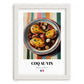 Coq au Vin – on Striped Tablecloth, French Food Poster, placed in minimal white frame