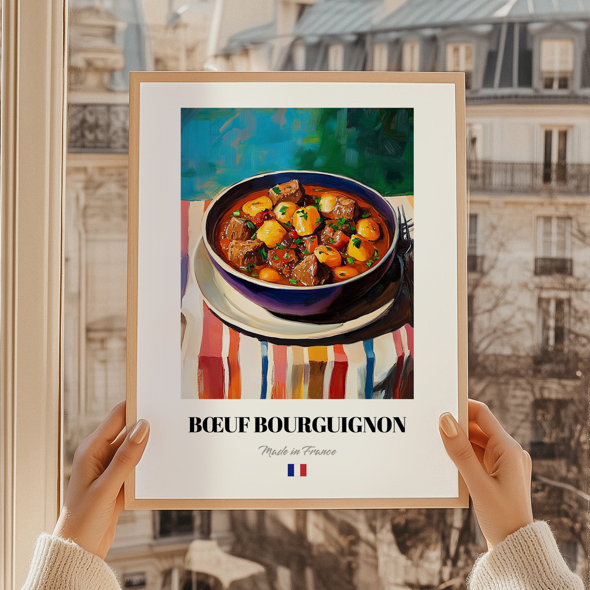 Bœuf Bourguignon – Colorful Oil Painting, French Food Art, styled in a charming Paris street view