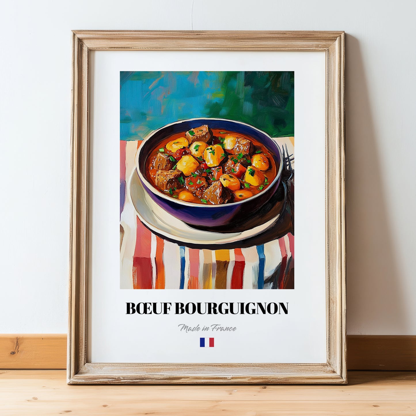 Bœuf Bourguignon – Colorful Oil Painting, French Food Art, in wooden frame leaning on the floor