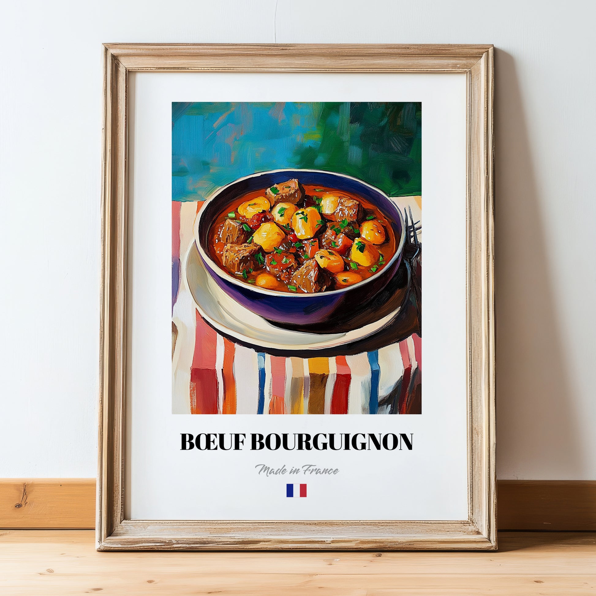 Bœuf Bourguignon – Colorful Oil Painting, French Food Art, in wooden frame leaning on the floor