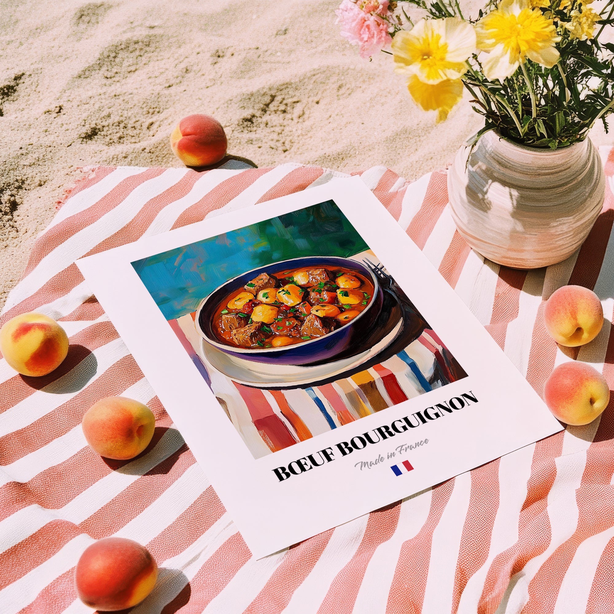 Bœuf Bourguignon – Colorful Oil Painting, French Food Art, unframed on coastal sand