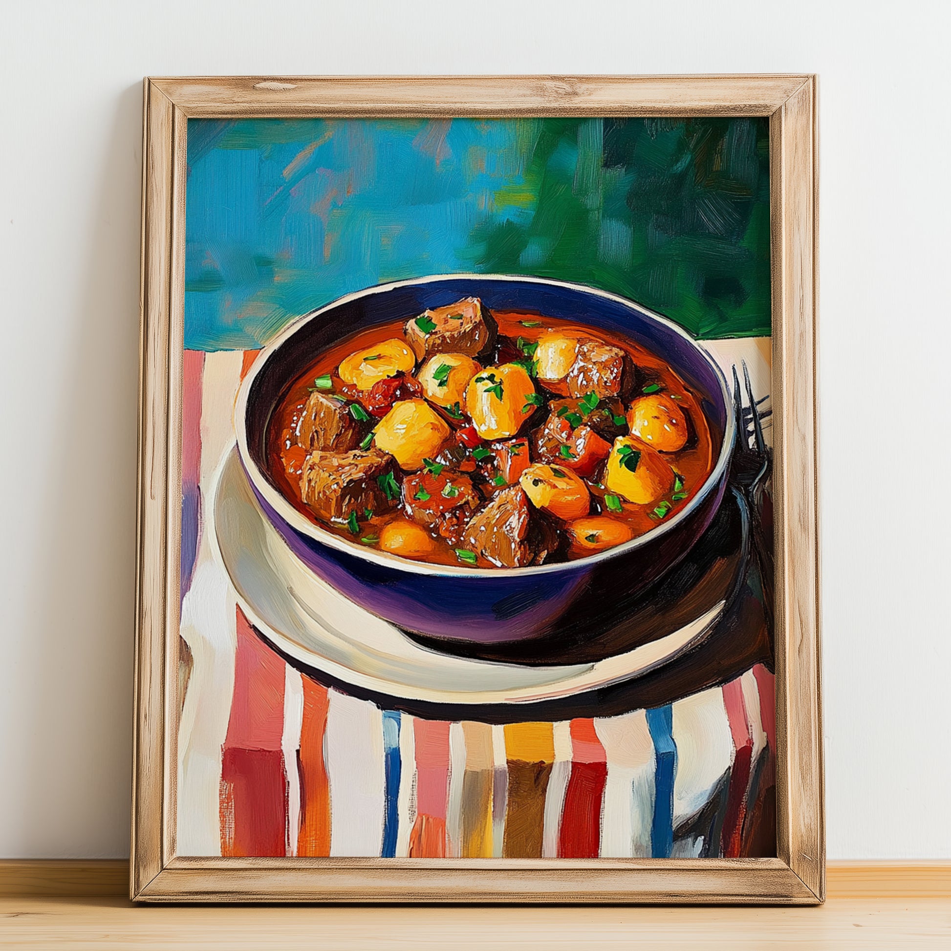 Bœuf Bourguignon – Colorful Oil Painting, French Food Art, no-text version framed in wood