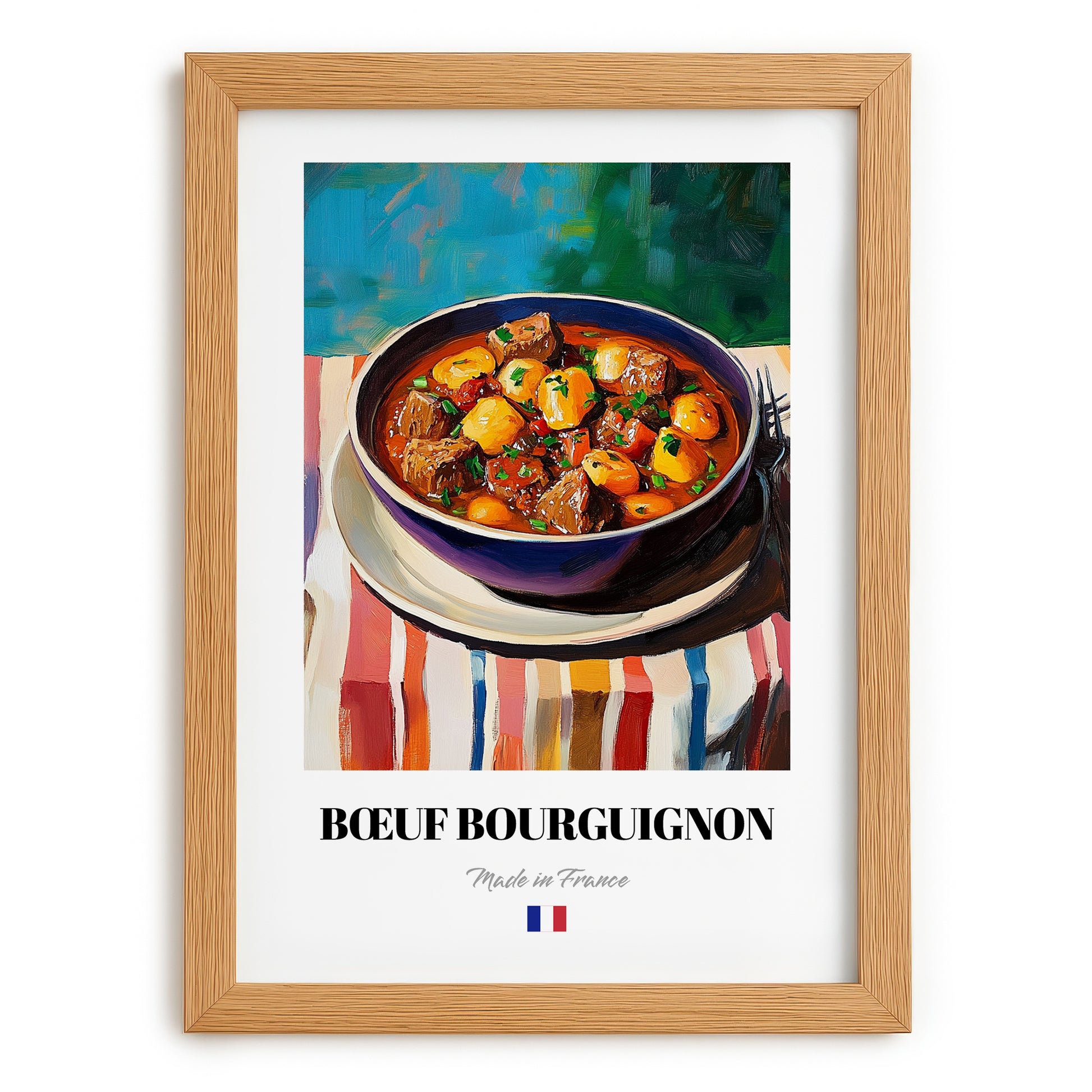 Bœuf Bourguignon – Colorful Oil Painting, French Food Art, set in oak frame