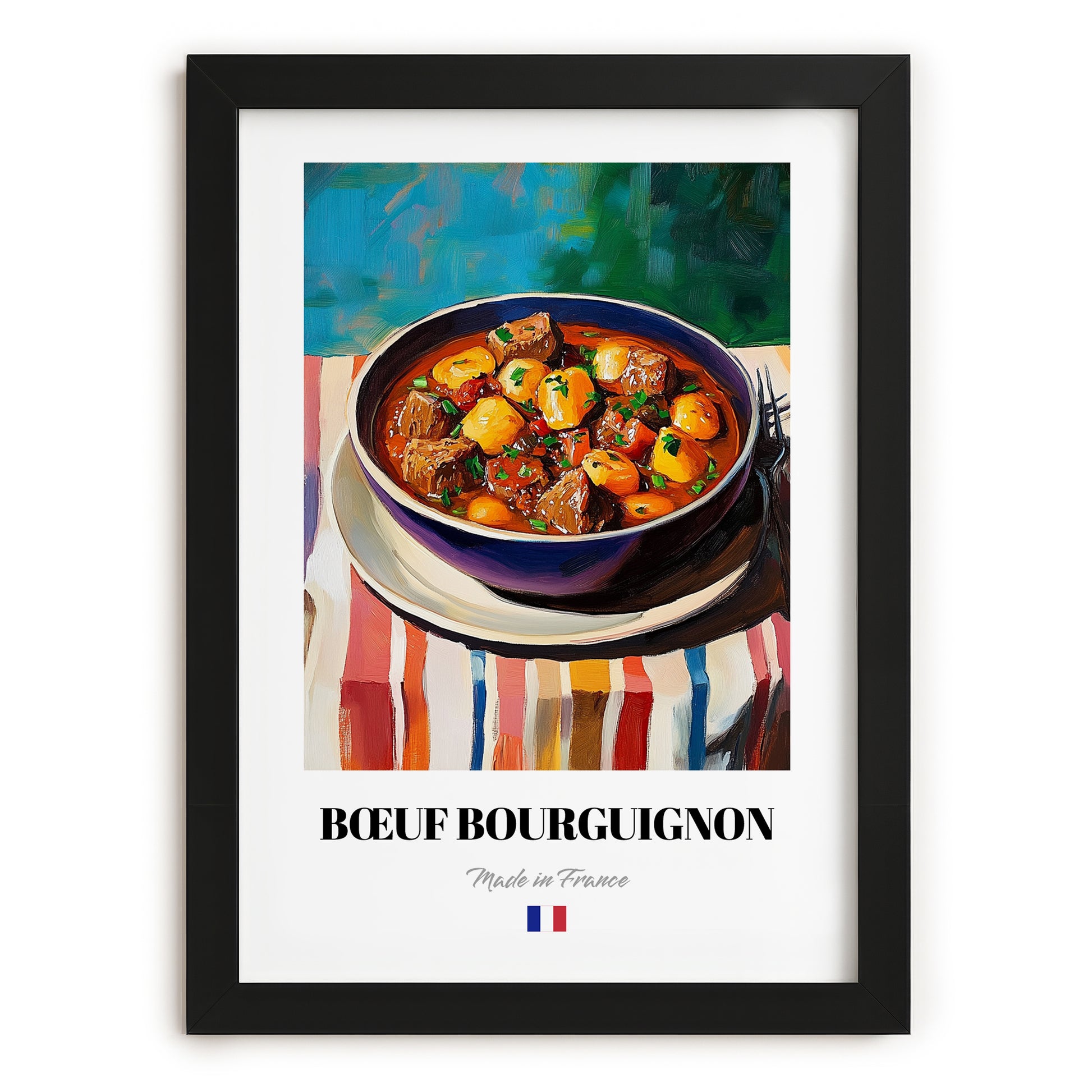 Bœuf Bourguignon – Colorful Oil Painting, French Food Art, in sleek black frame