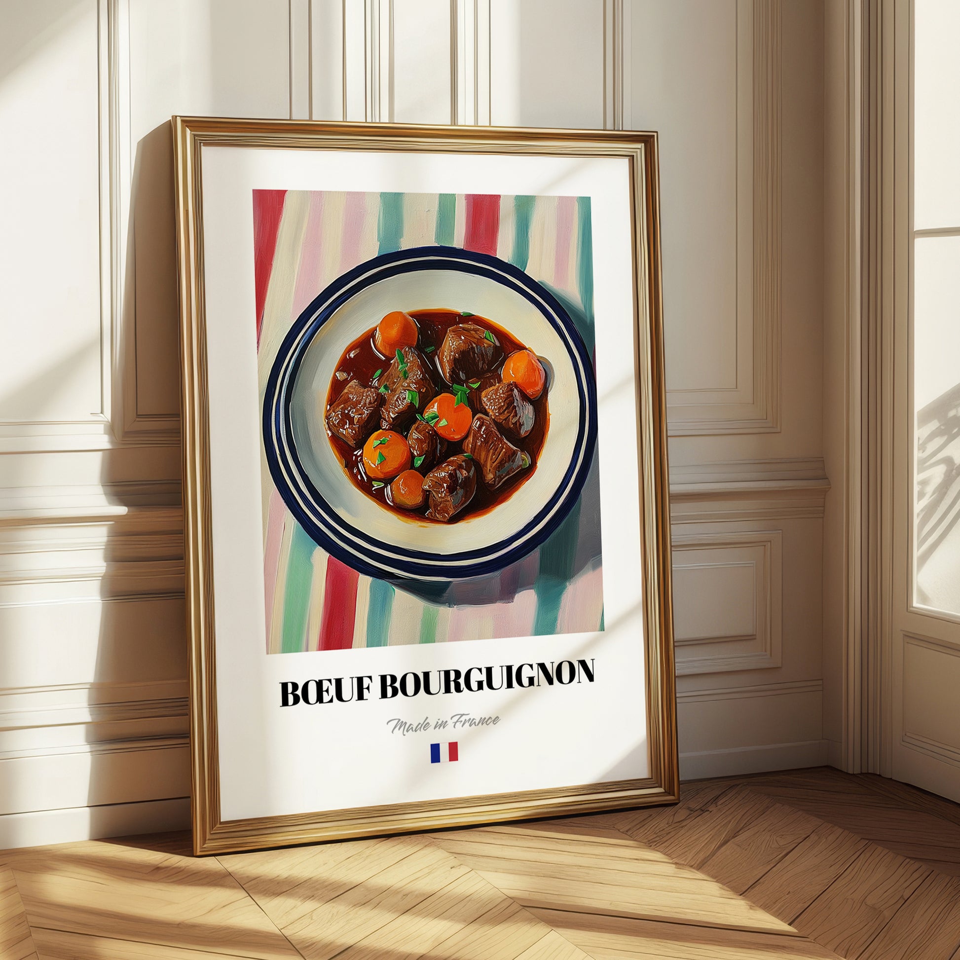 Bœuf Bourguignon – on Striped Tablecloth, French Food Wall Decor