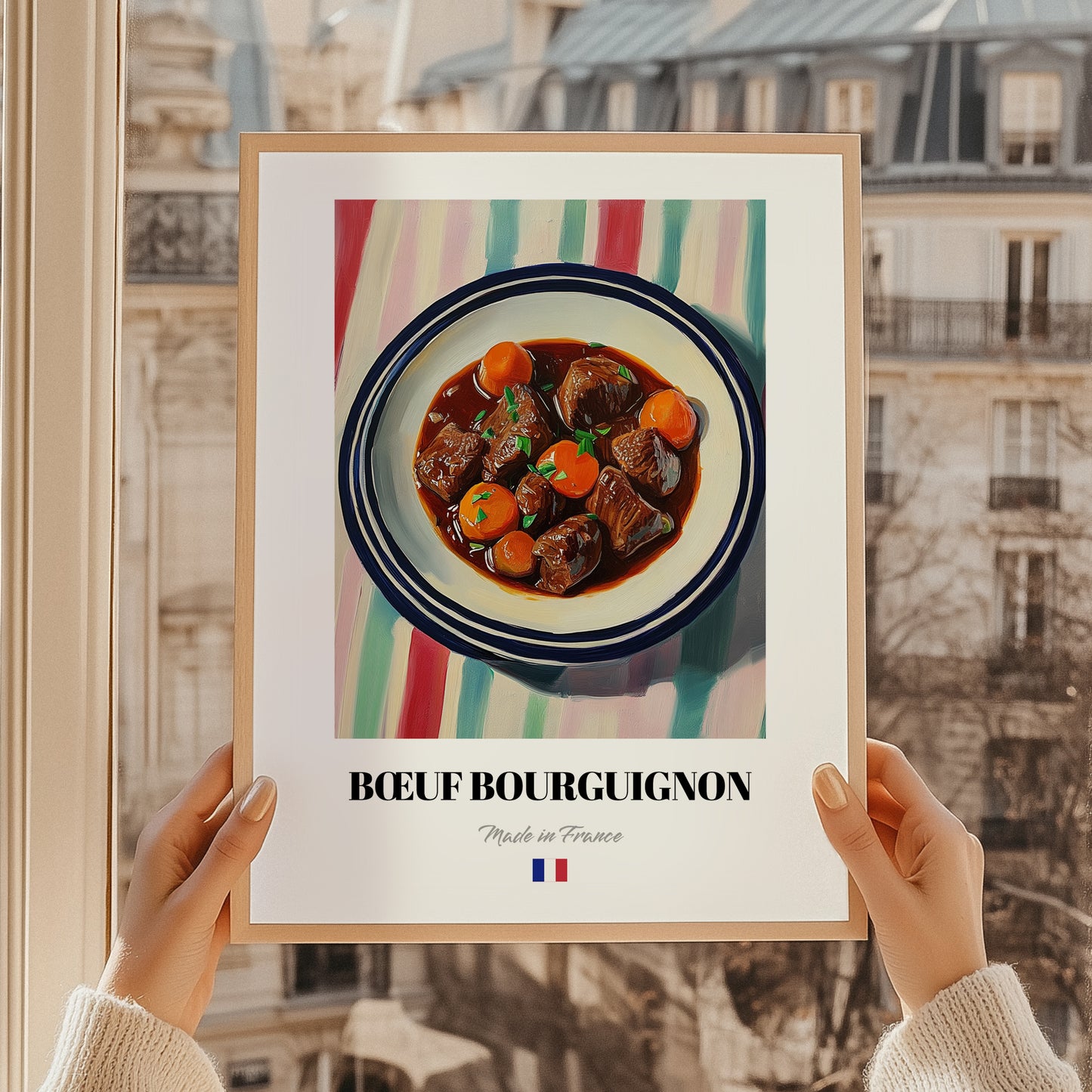 Bœuf Bourguignon – on Striped Tablecloth, French Food Wall Decor, styled in a charming Paris street view
