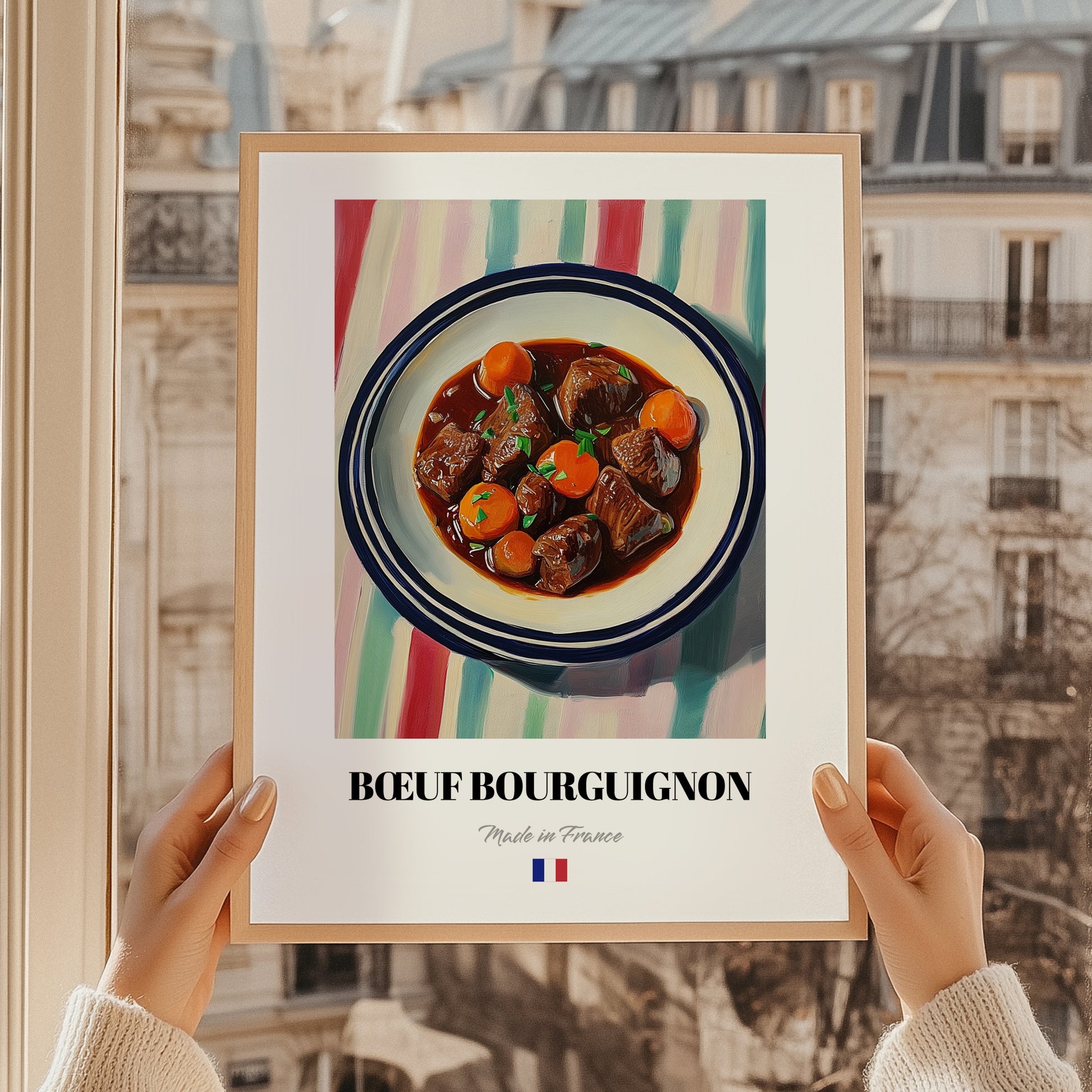 Bœuf Bourguignon – on Striped Tablecloth, French Food Wall Decor, styled in a charming Paris street view