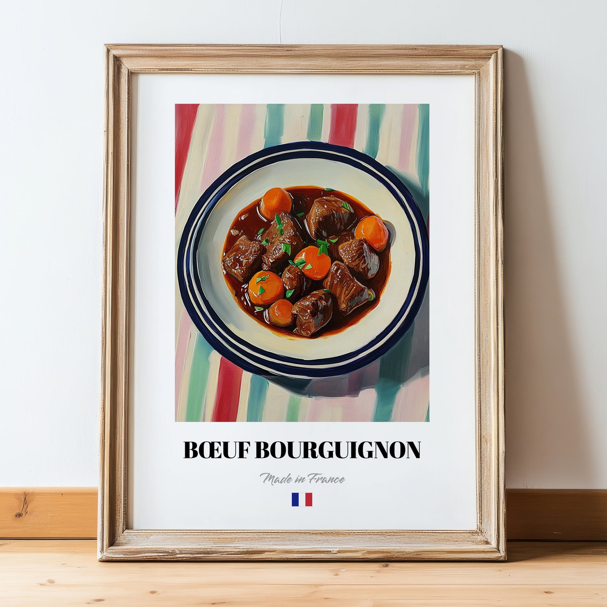Bœuf Bourguignon – on Striped Tablecloth, French Food Wall Decor, in wooden frame leaning on the floor