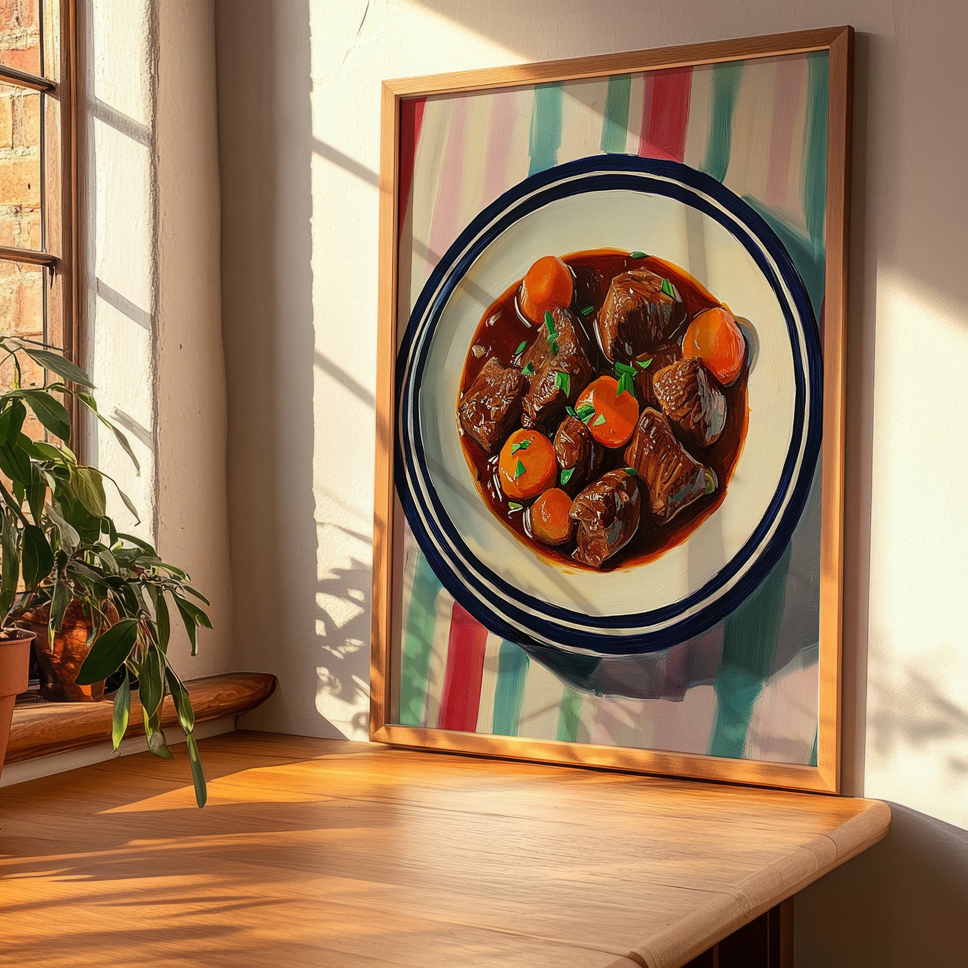 Bœuf Bourguignon – on Striped Tablecloth, French Food Wall Decor, clean layout with no caption
