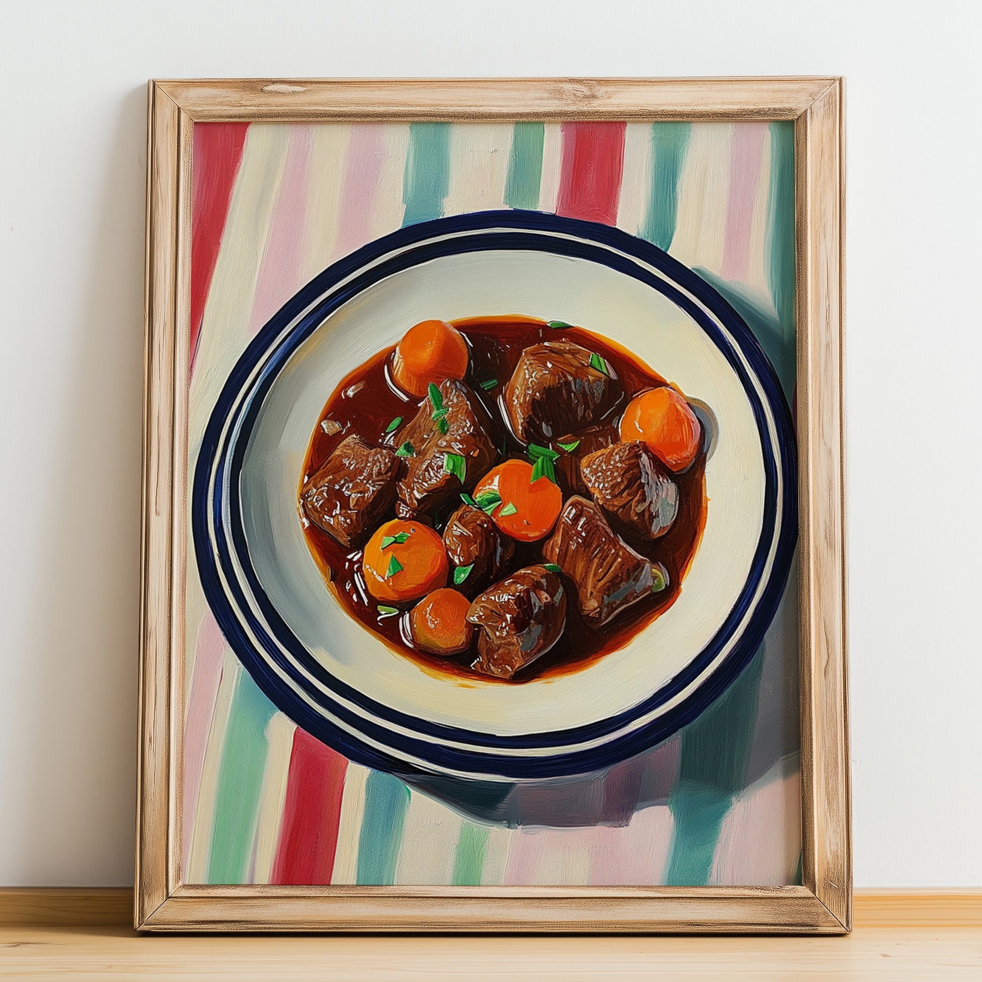 Bœuf Bourguignon – on Striped Tablecloth, French Food Wall Decor, no-text version framed in wood