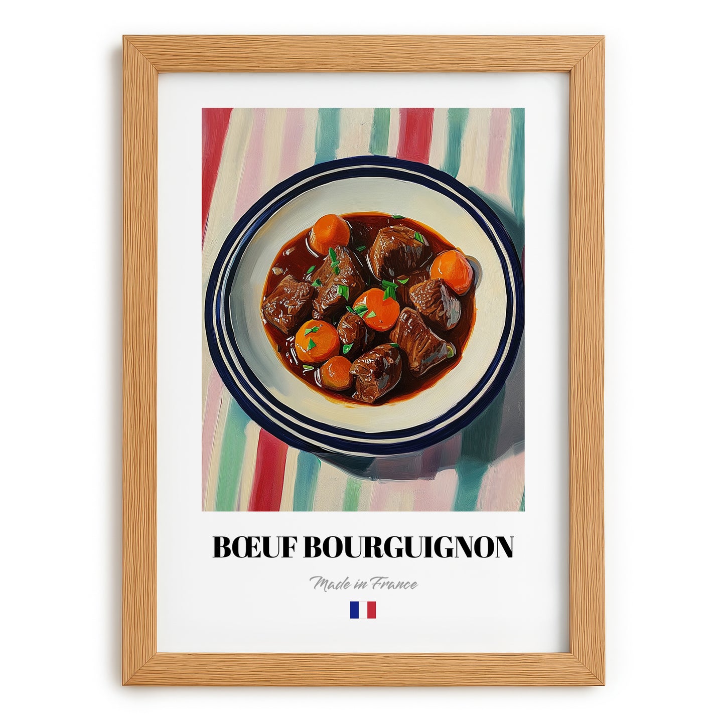 Bœuf Bourguignon – on Striped Tablecloth, French Food Wall Decor, set in oak frame