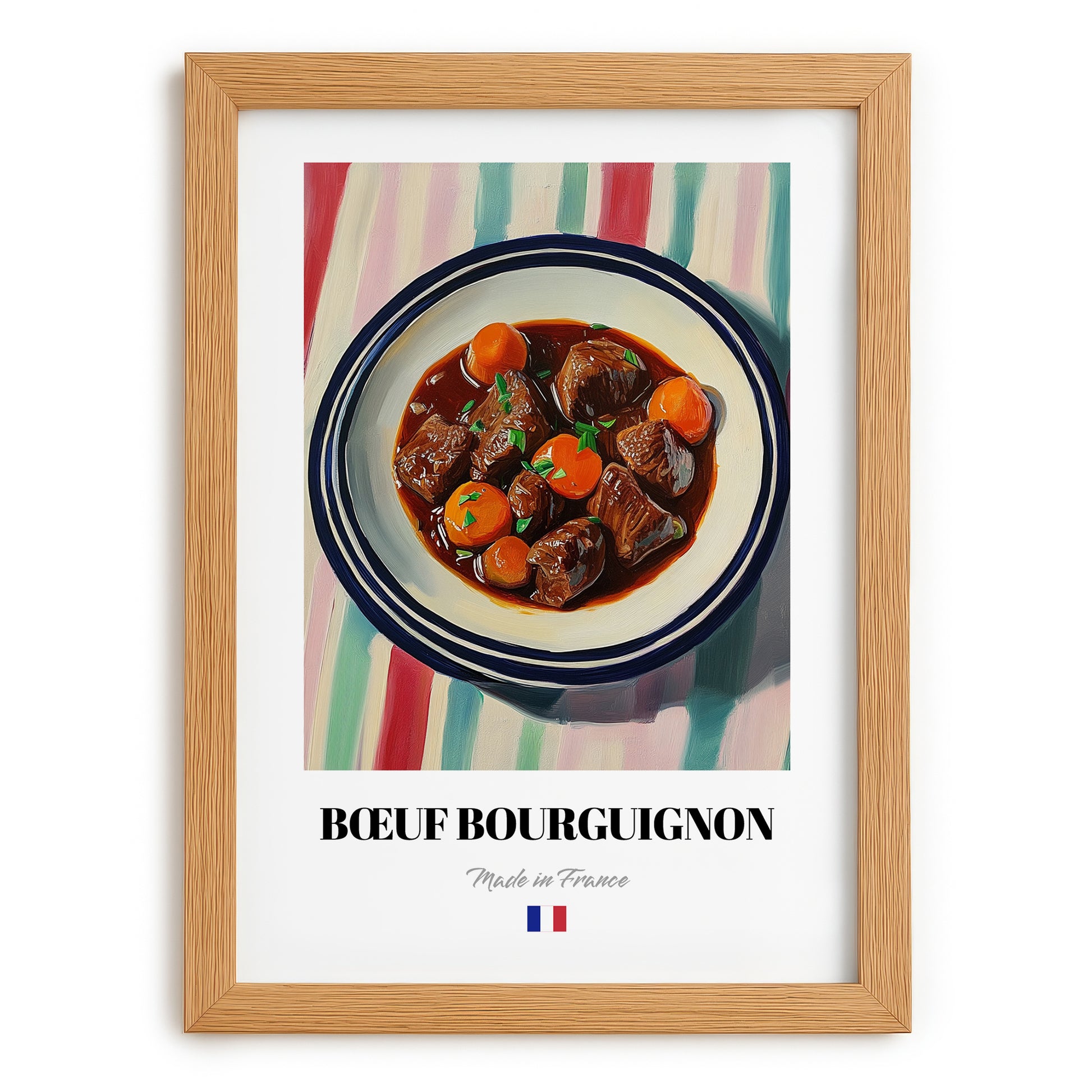Bœuf Bourguignon – on Striped Tablecloth, French Food Wall Decor, set in oak frame