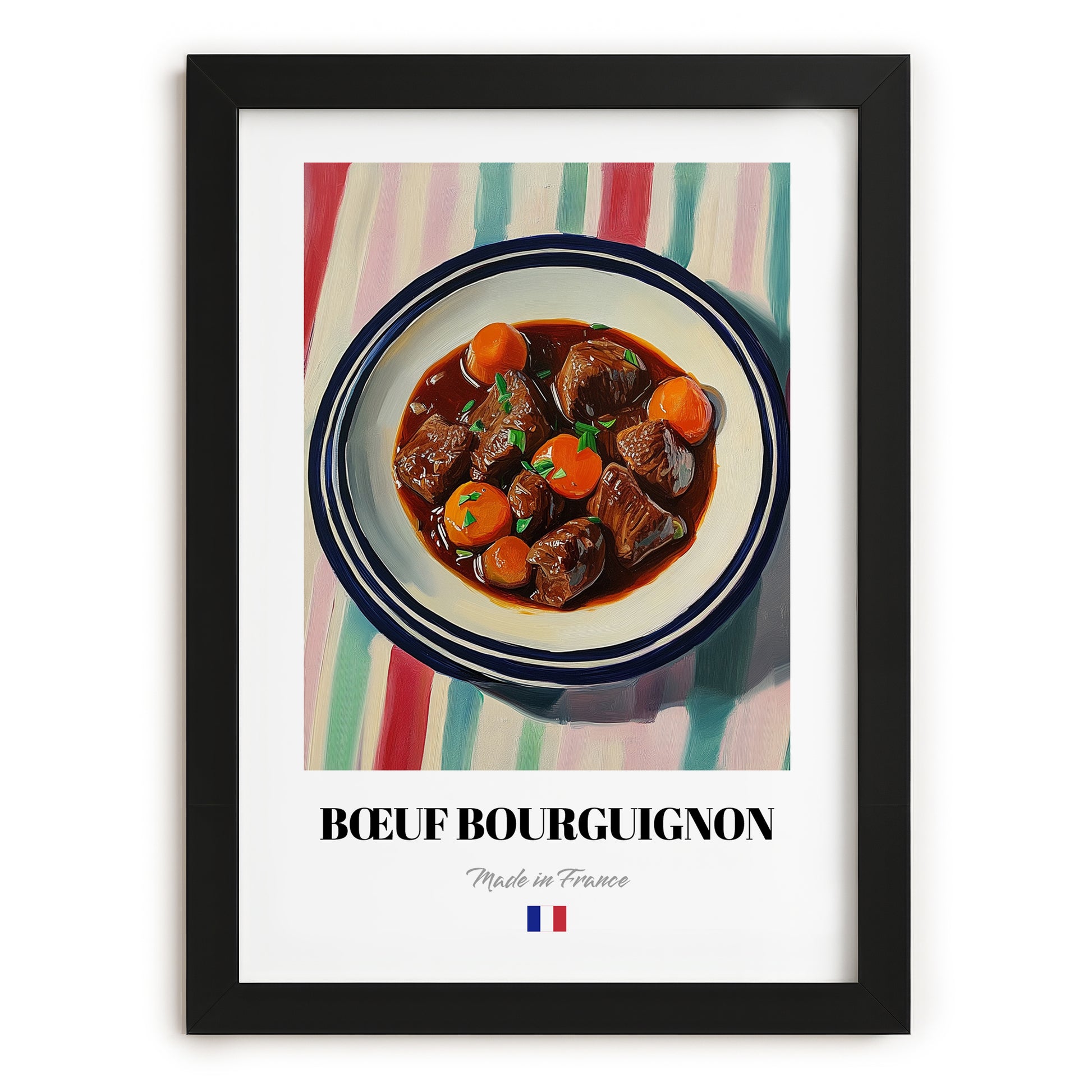 Bœuf Bourguignon – on Striped Tablecloth, French Food Wall Decor, in sleek black frame