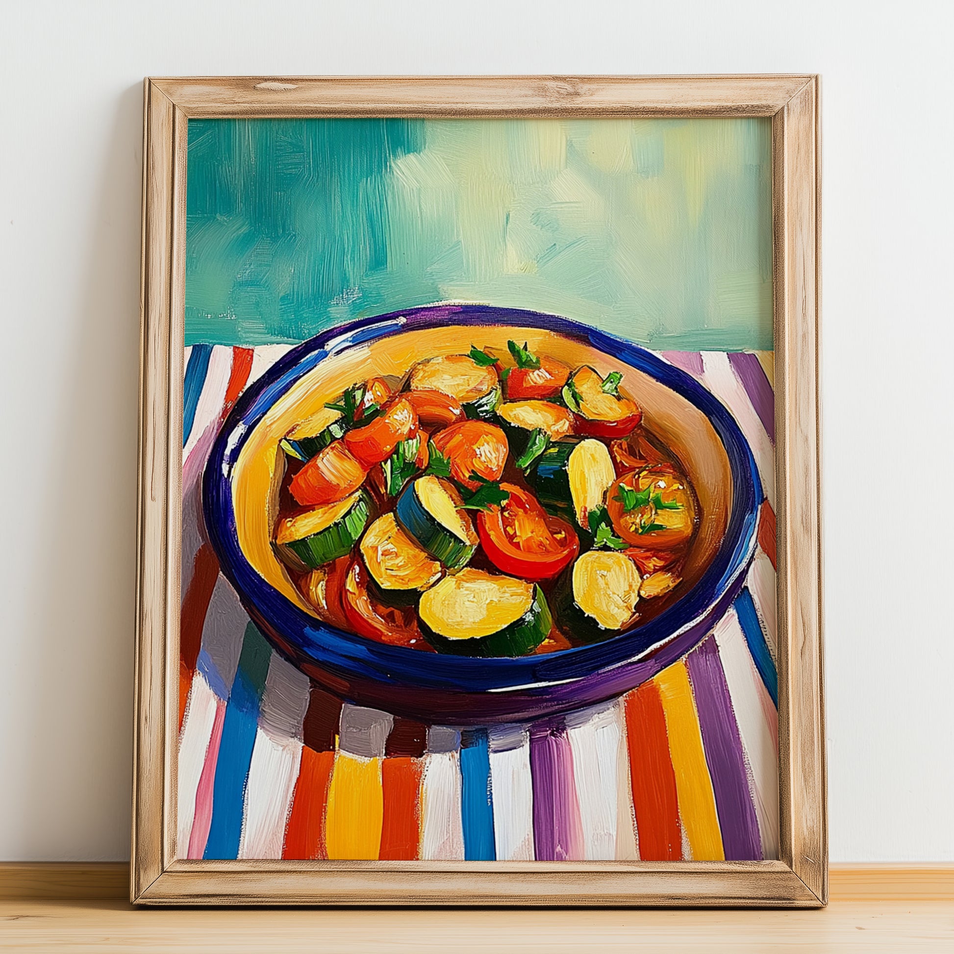 Ratatouille – Oil Painting, French Food Still Life, no-text version framed in wood