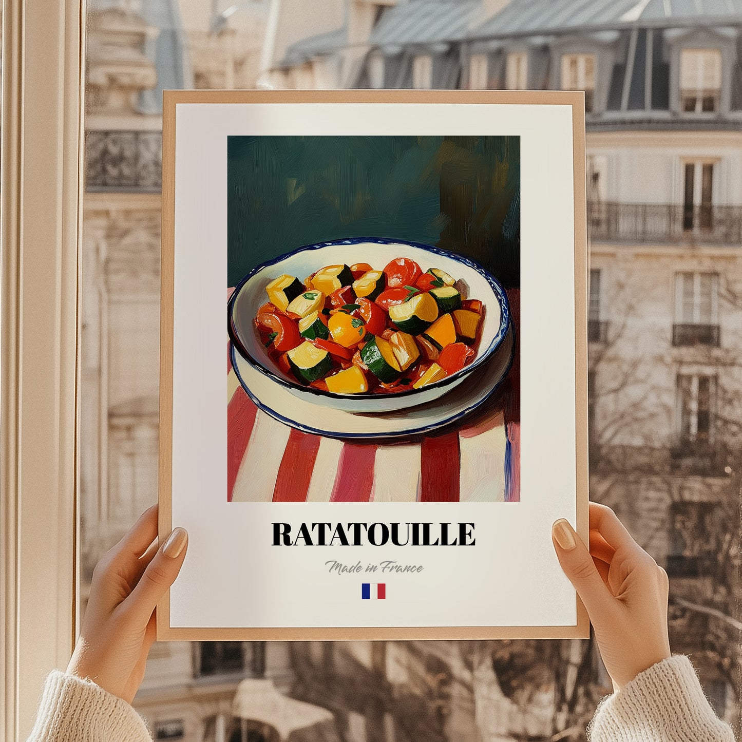 Ratatouille – on Striped Tablecloth, French Food Wall Art, styled in a charming Paris street view