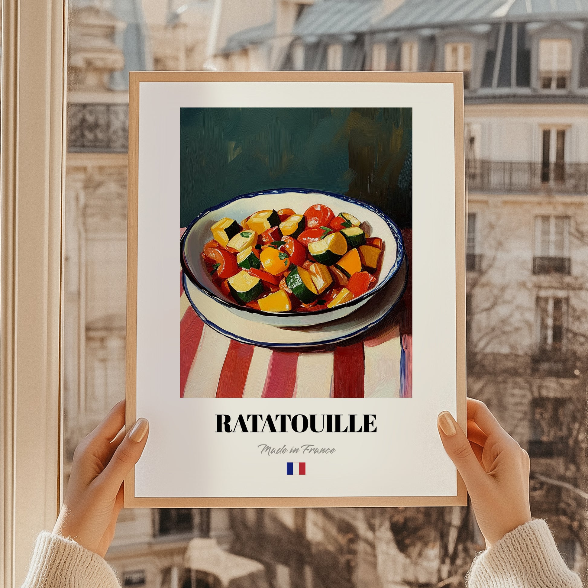 Ratatouille – on Striped Tablecloth, French Food Wall Art, styled in a charming Paris street view