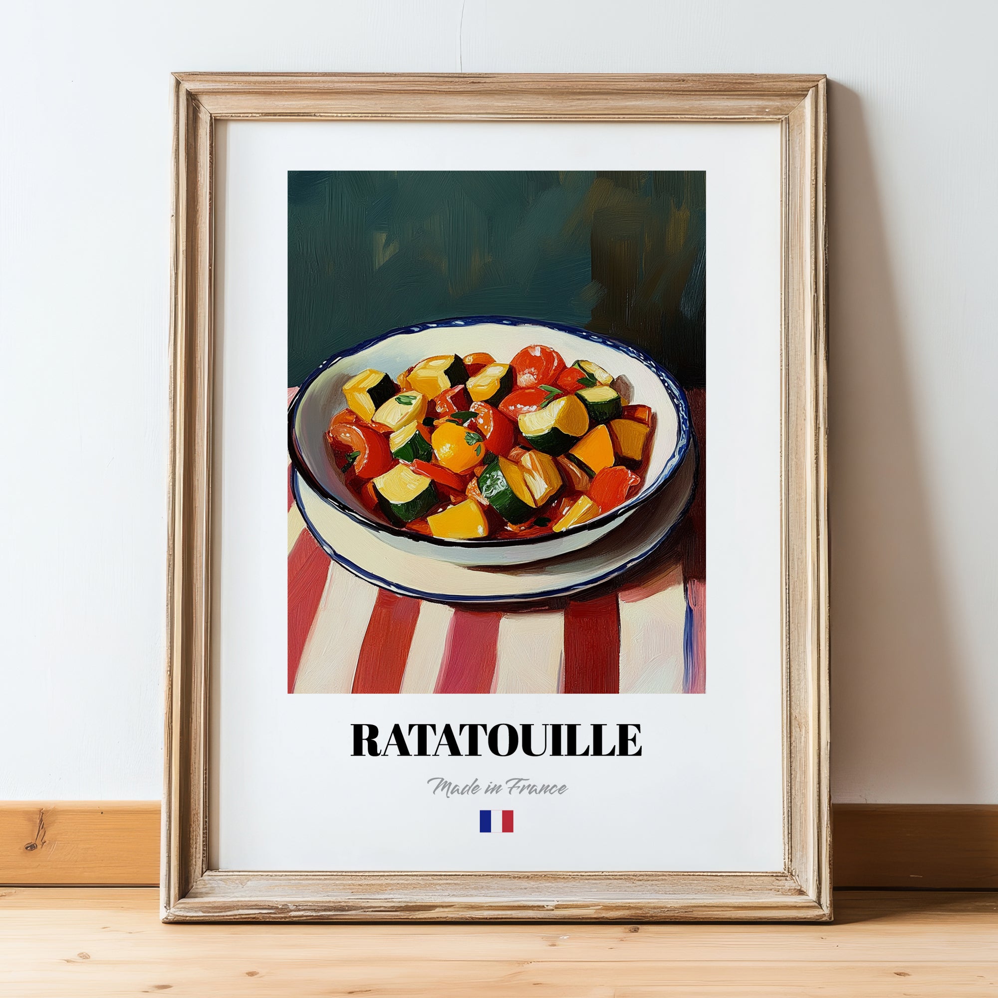 Ratatouille – on Striped Tablecloth, French Food Wall Art, in wooden frame leaning on the floor