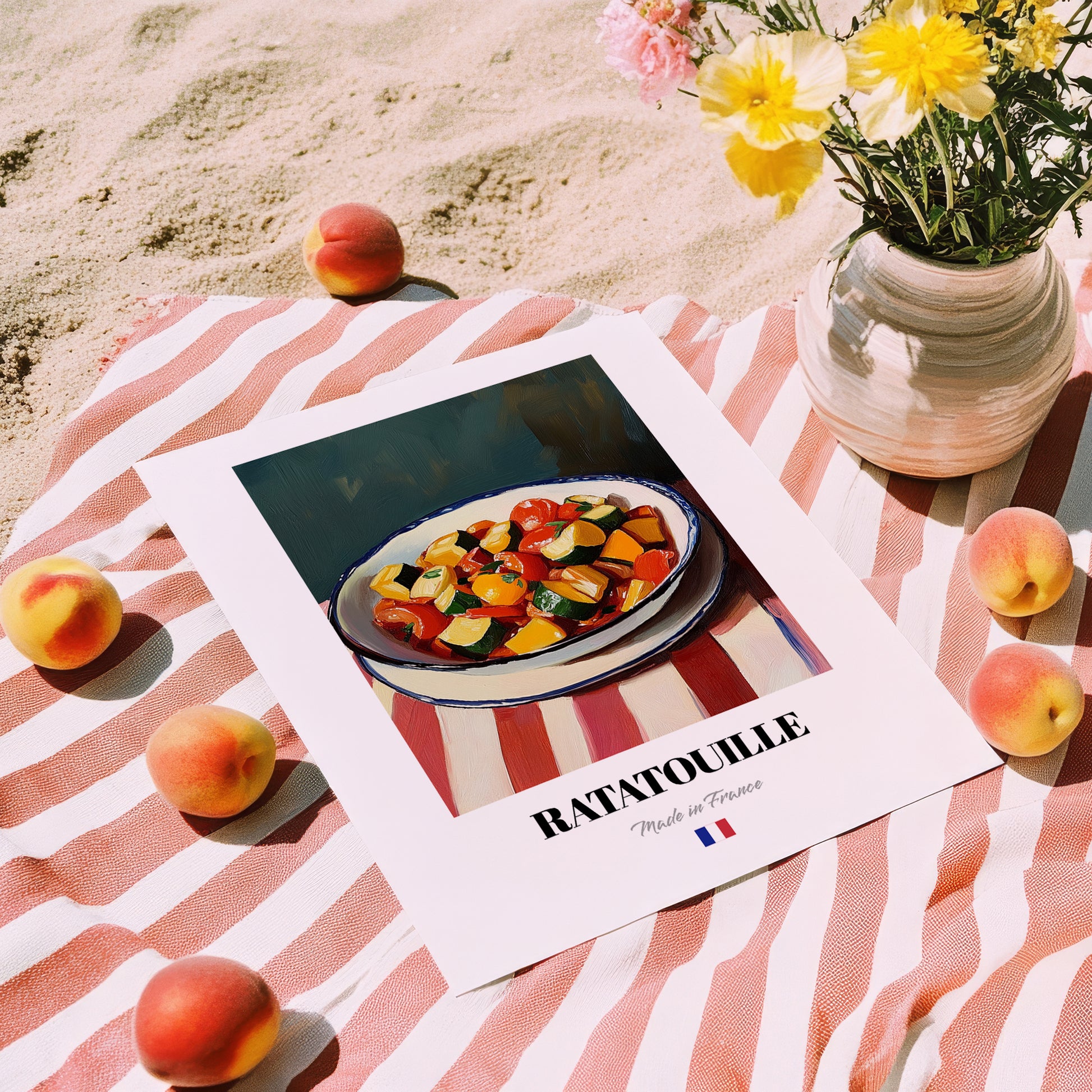 Ratatouille – on Striped Tablecloth, French Food Wall Art, unframed on coastal sand