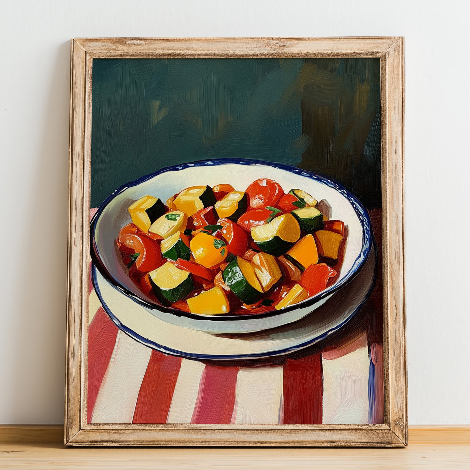 Ratatouille – on Striped Tablecloth, French Food Wall Art, no-text version framed in wood
