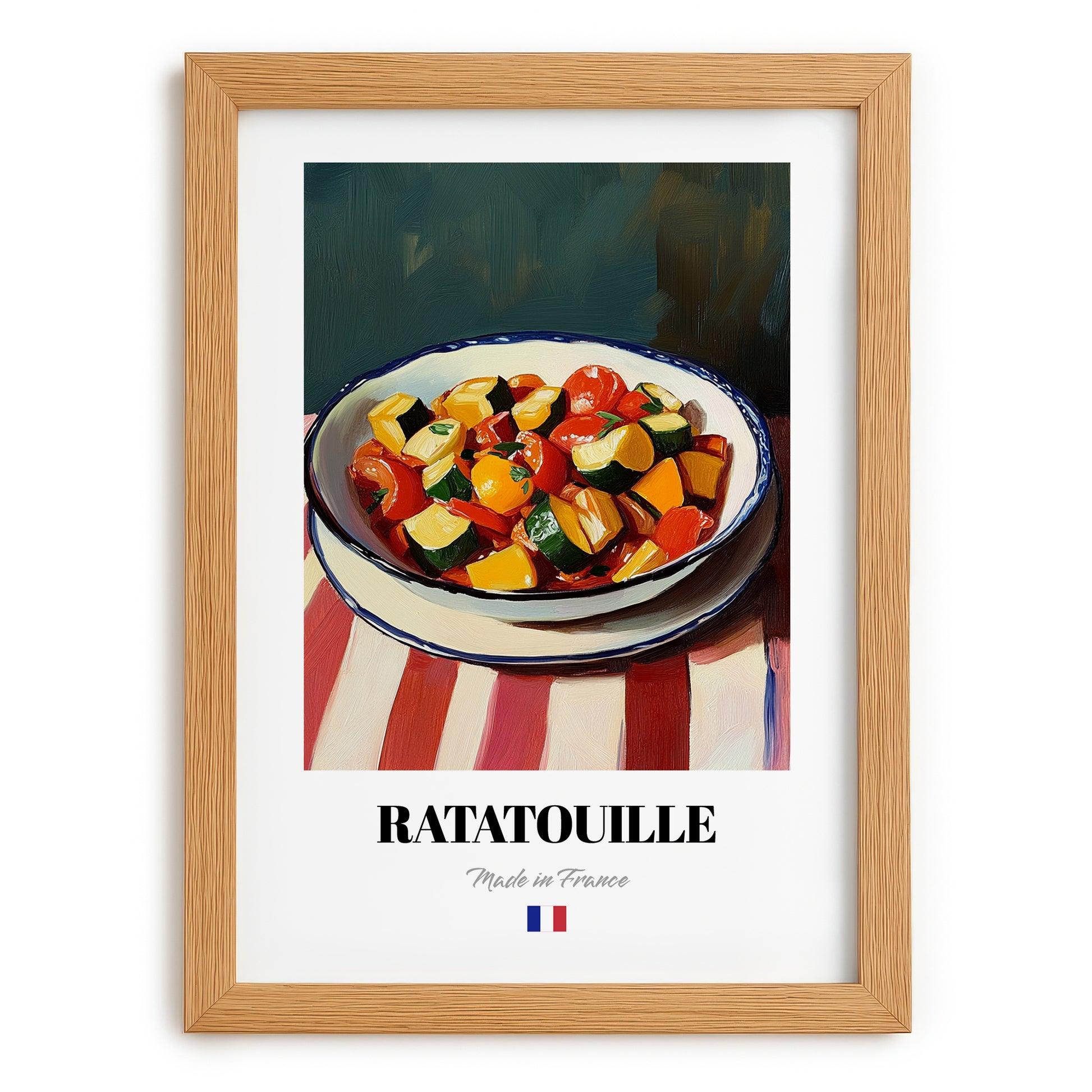 Ratatouille – on Striped Tablecloth, French Food Wall Art, set in oak frame