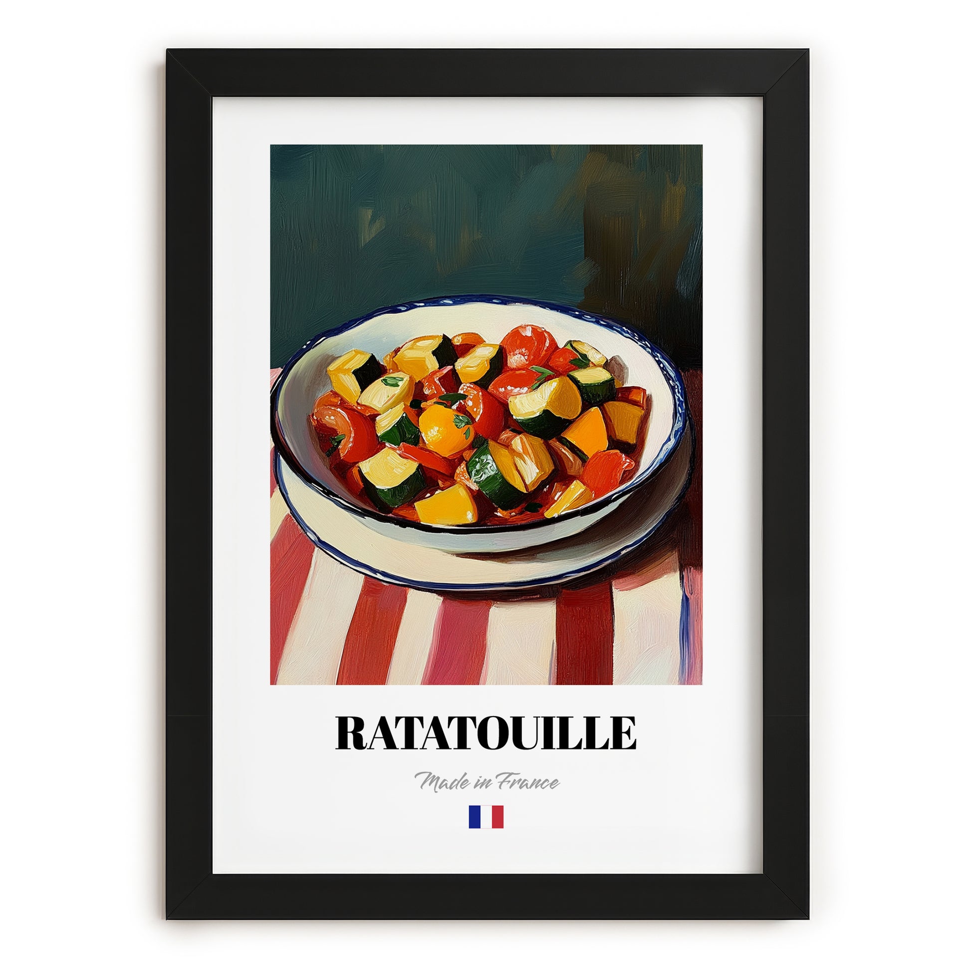 Ratatouille – on Striped Tablecloth, French Food Wall Art, in sleek black frame