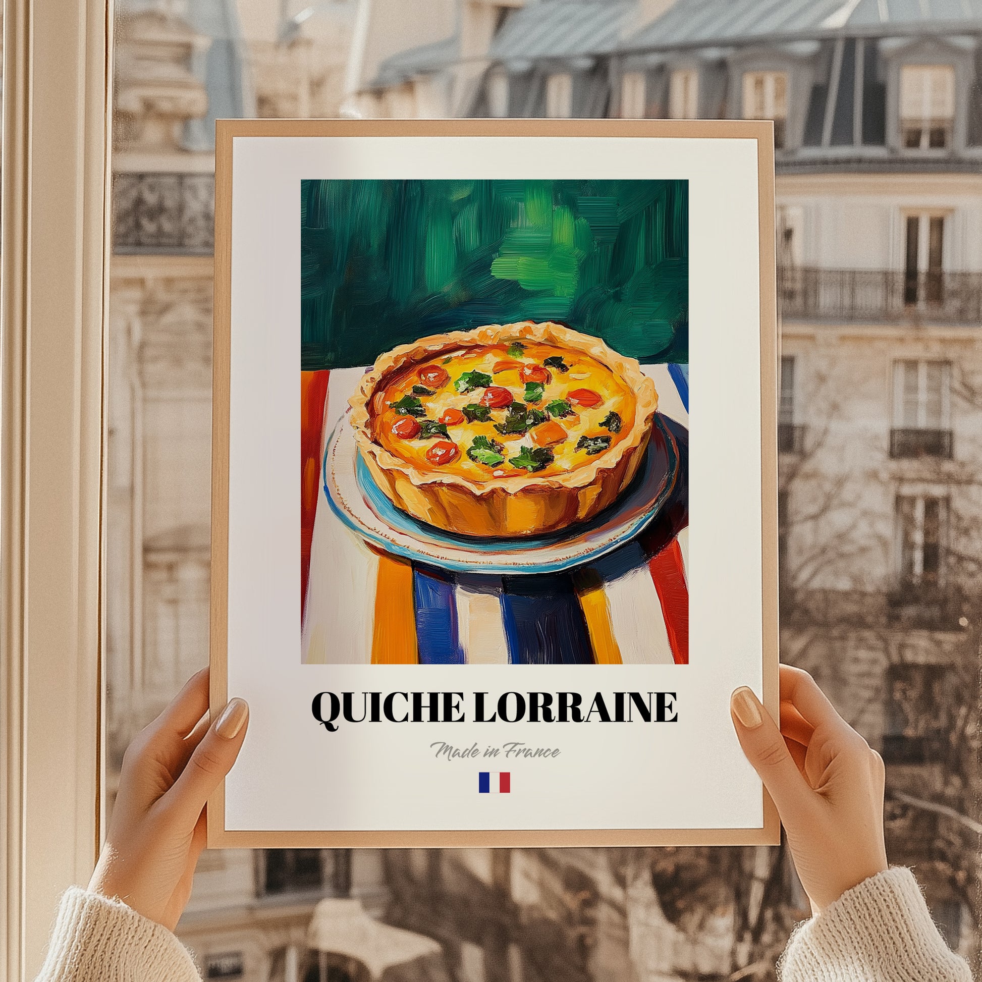 Quiche Lorraine – Art, French Pastry Wall Art, styled in a charming Paris street view