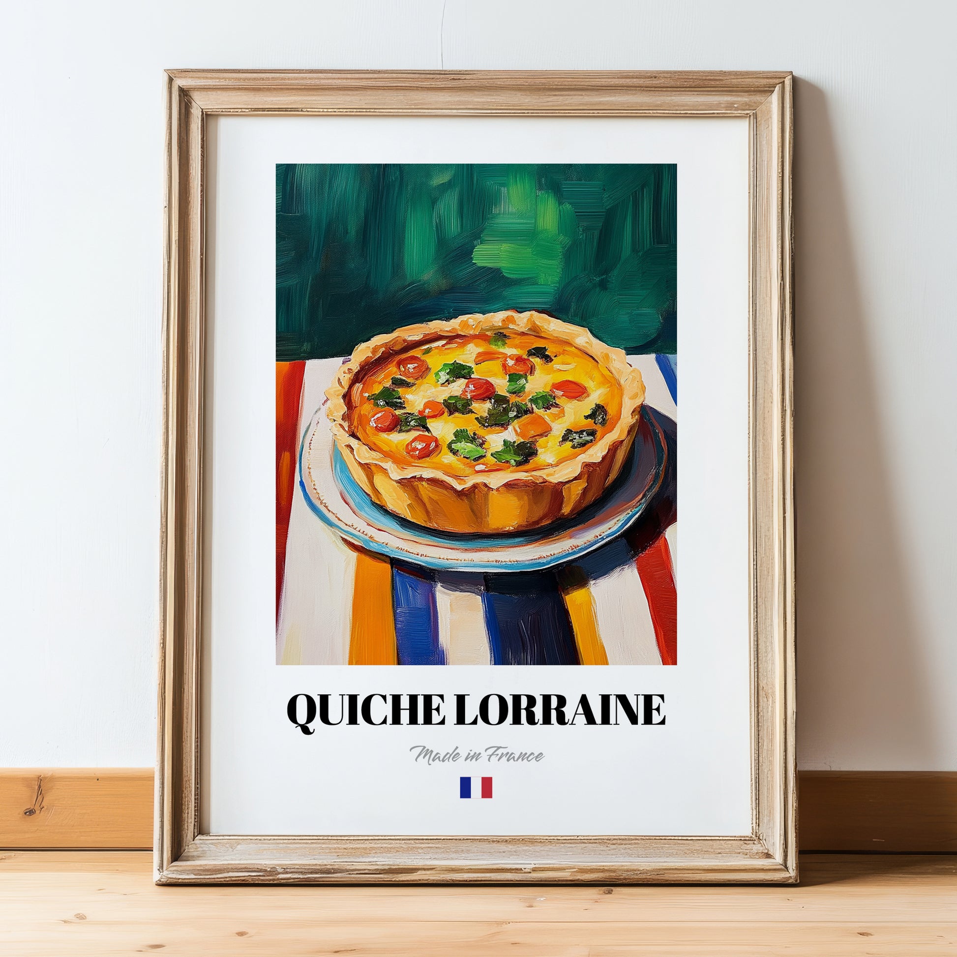 Quiche Lorraine – Art, French Pastry Wall Art, in wooden frame leaning on the floor