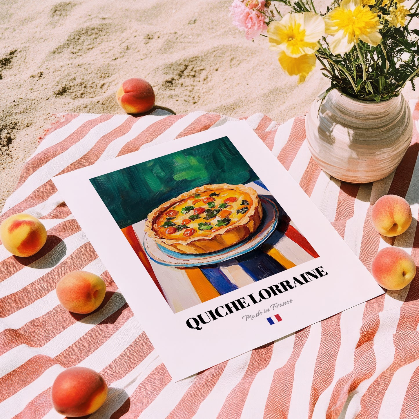 Quiche Lorraine – Art, French Pastry Wall Art, unframed on coastal sand