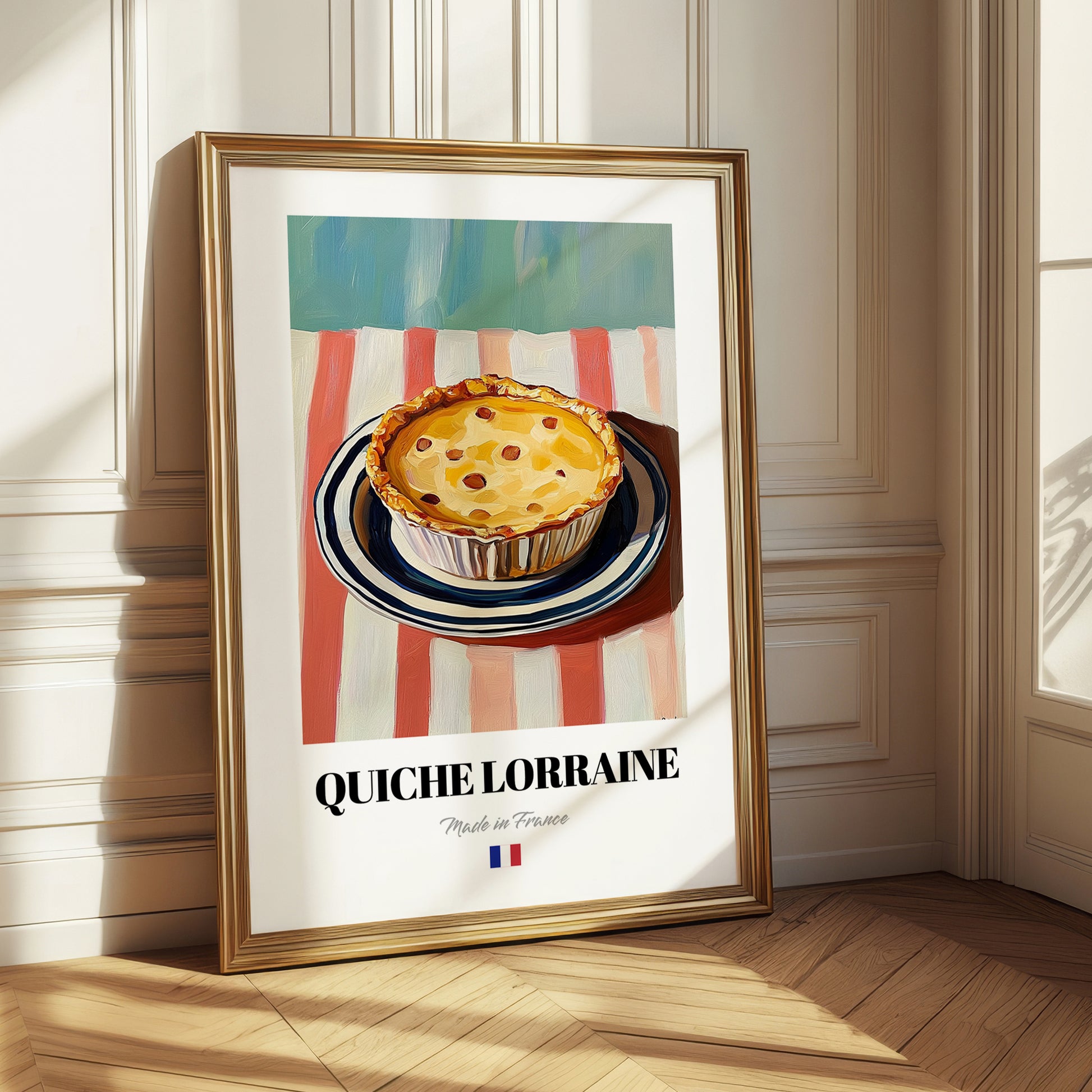 Quiche Lorraine – on Striped Tablecloth, French Pastry Painting 