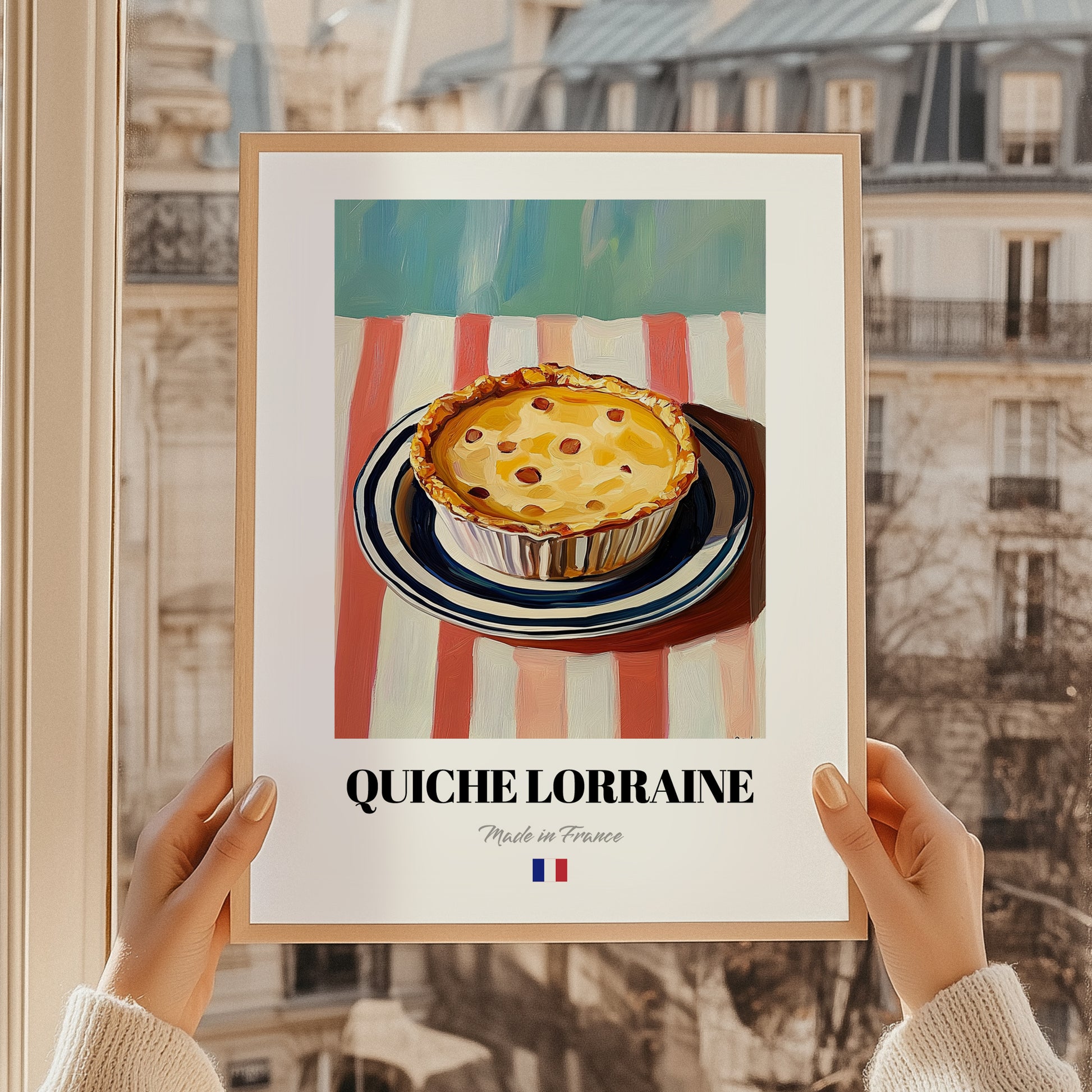 Quiche Lorraine – on Striped Tablecloth, French Pastry Painting, styled in a charming Paris street view