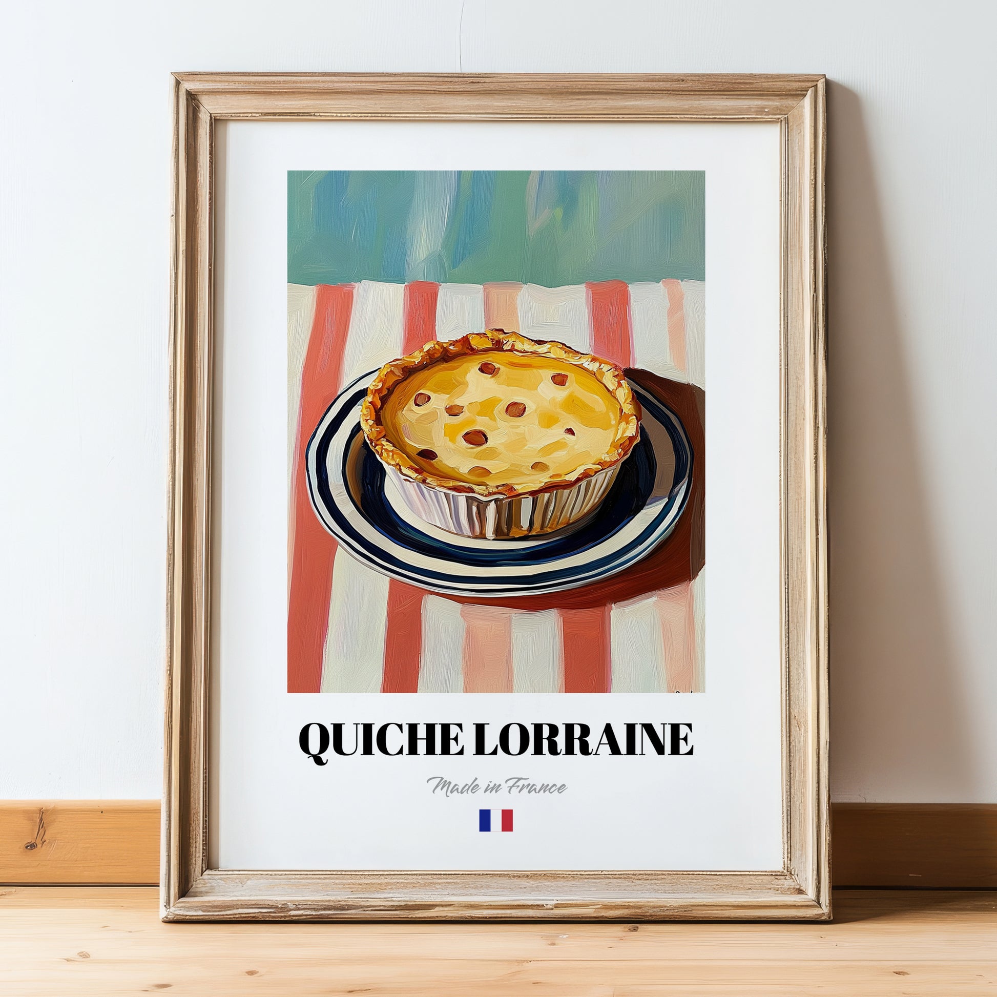 Quiche Lorraine – on Striped Tablecloth, French Pastry Painting, in wooden frame leaning on the floor