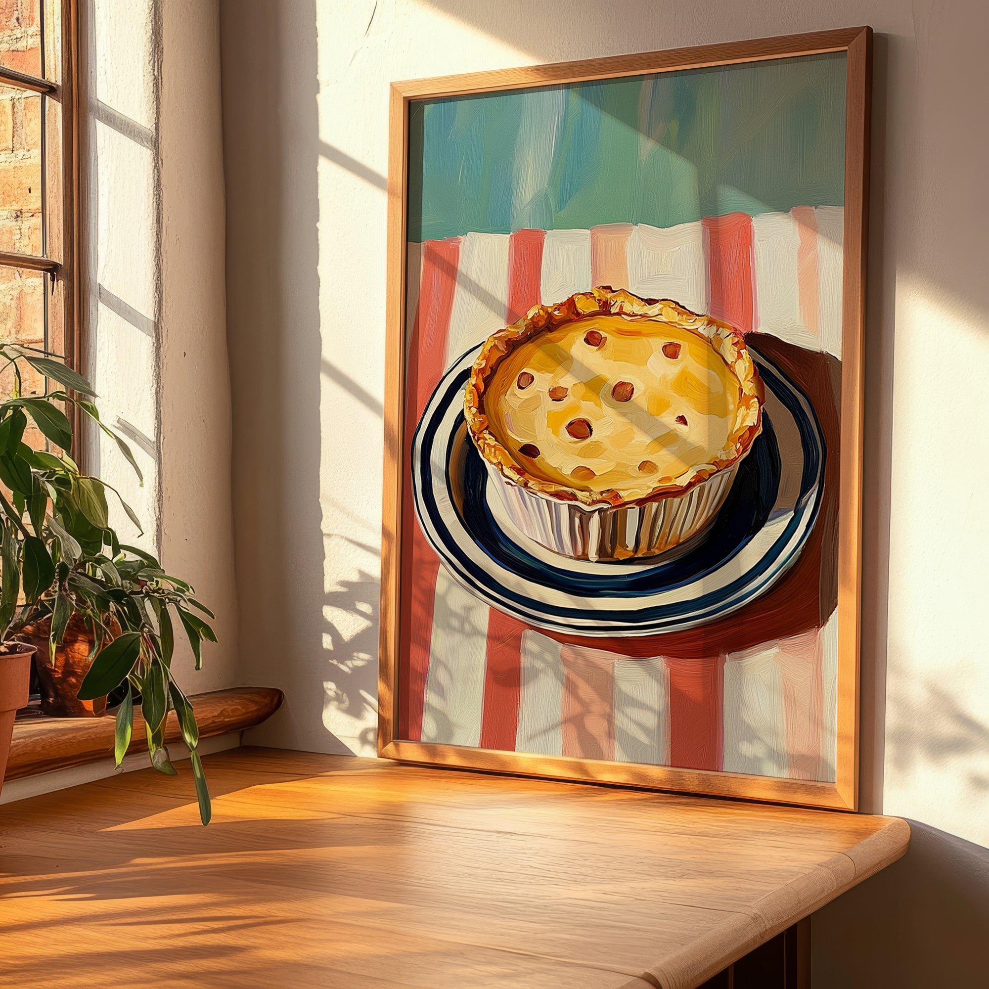 Quiche Lorraine – on Striped Tablecloth, French Pastry Painting, clean layout with no caption