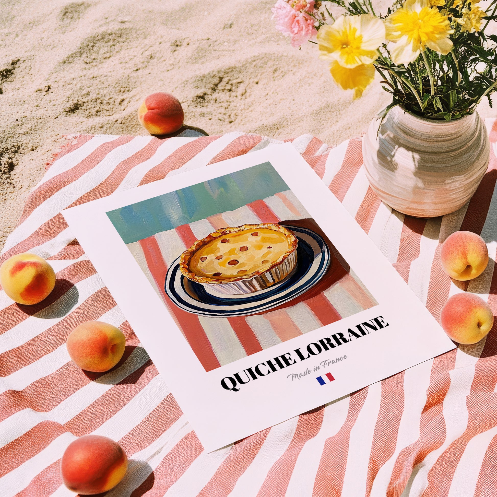 Quiche Lorraine – on Striped Tablecloth, French Pastry Painting, unframed on coastal sand