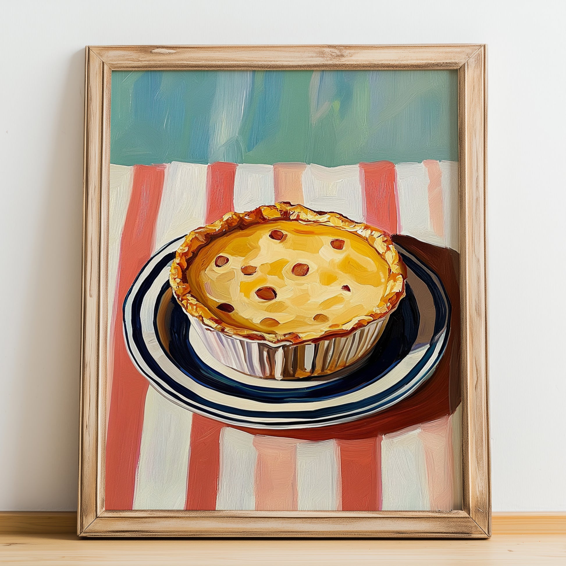 Quiche Lorraine – on Striped Tablecloth, French Pastry Painting, no-text version framed in wood
