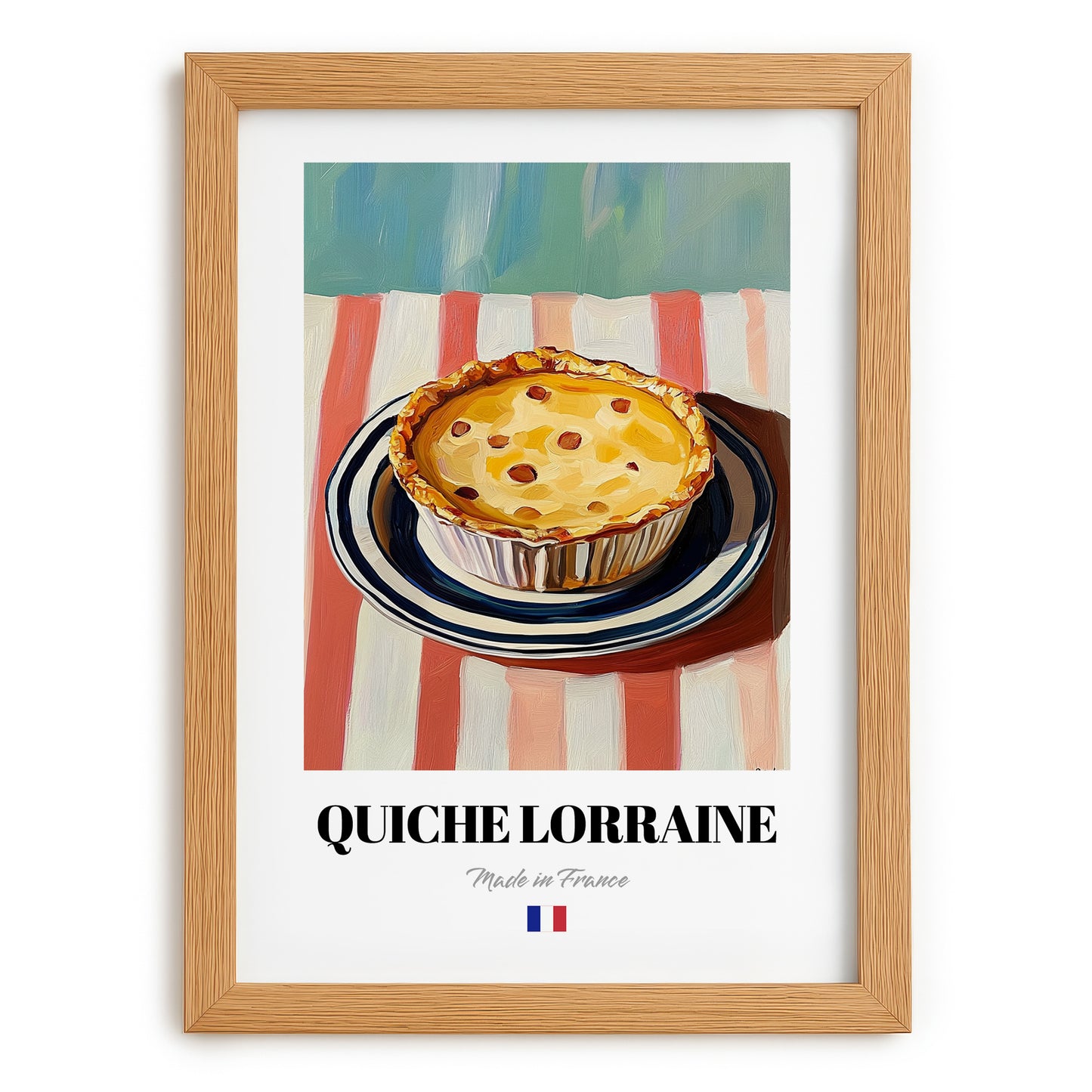 Quiche Lorraine – on Striped Tablecloth, French Pastry Painting, set in oak frame