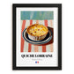 Quiche Lorraine – on Striped Tablecloth, French Pastry Painting, in sleek black frame