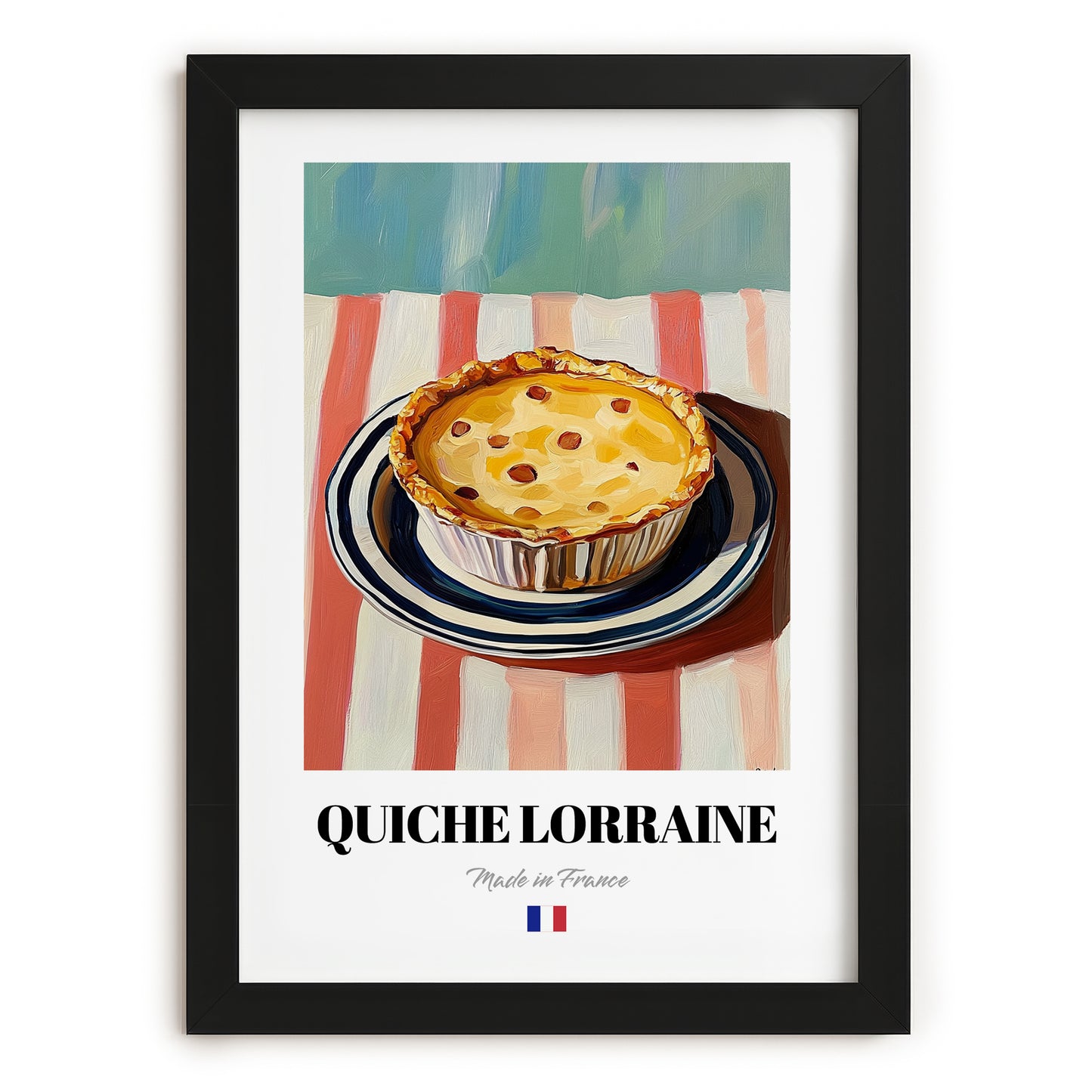 Quiche Lorraine – on Striped Tablecloth, French Pastry Painting, in sleek black frame