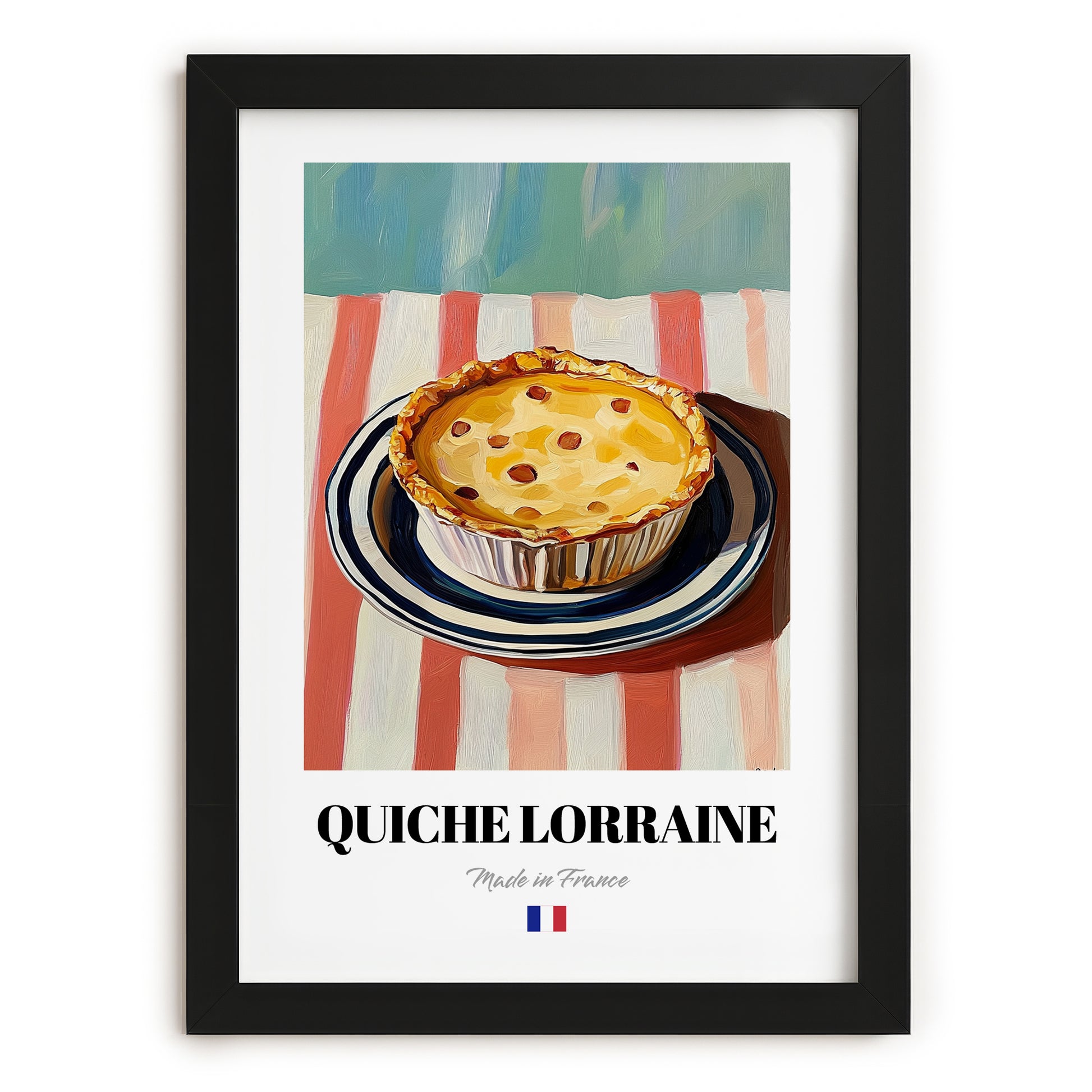 Quiche Lorraine – on Striped Tablecloth, French Pastry Painting, in sleek black frame