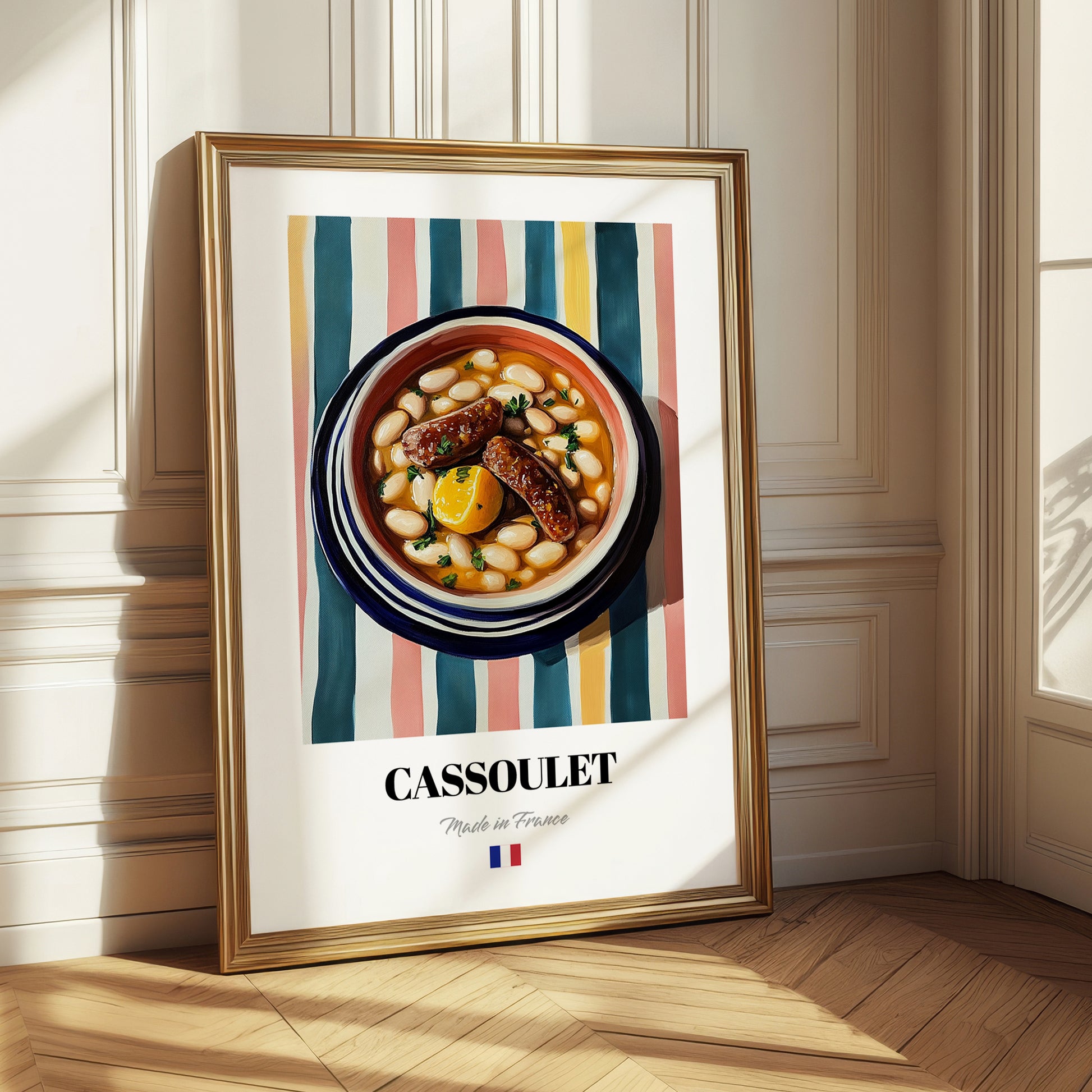 Cassoulet – on Striped Tablecloth, French Food Painting