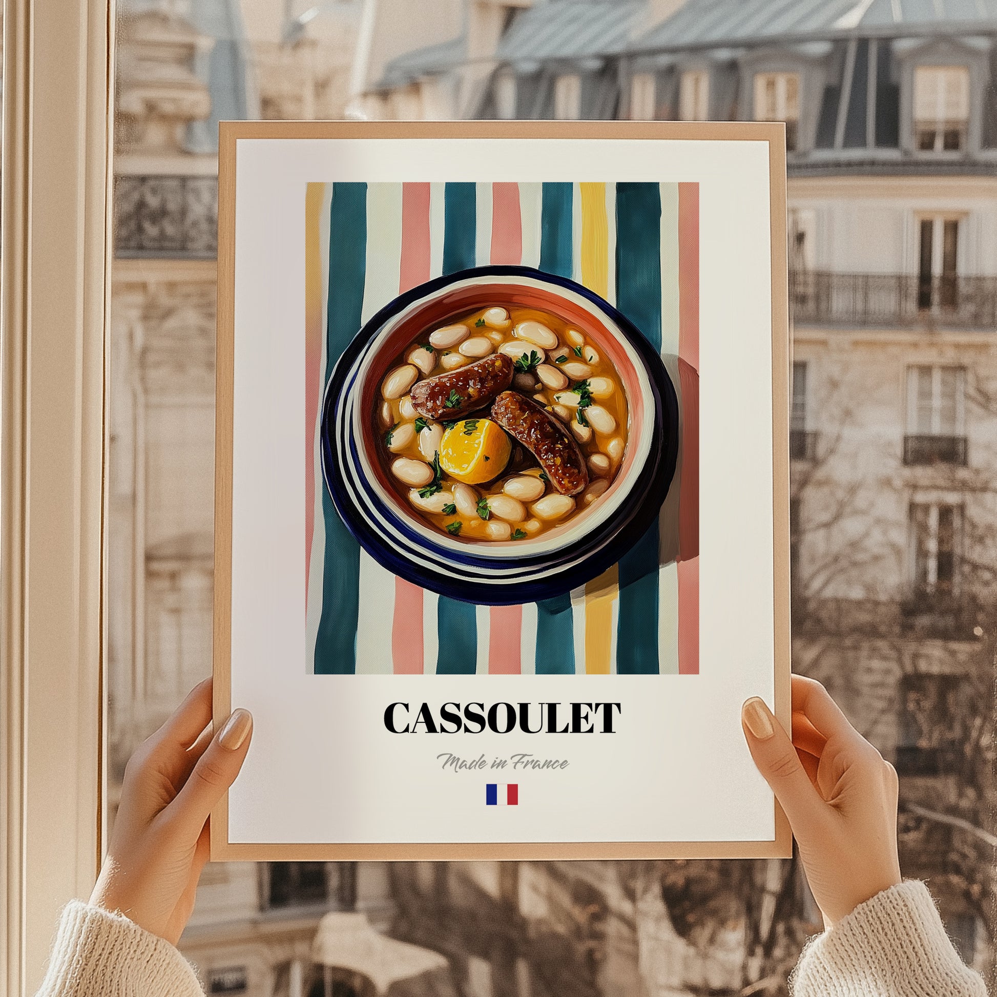 Cassoulet – on Striped Tablecloth, French Food Painting, styled in a charming Paris street view