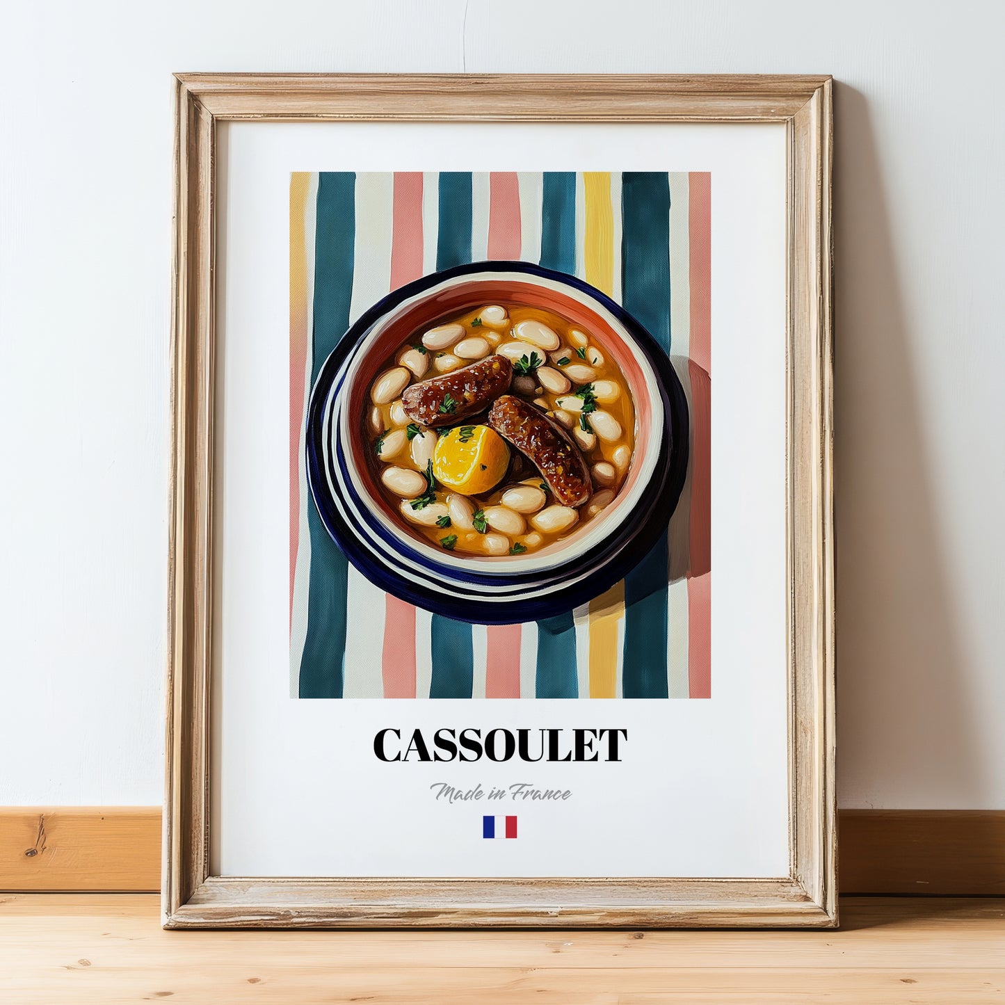 Cassoulet – on Striped Tablecloth, French Food Painting, in wooden frame leaning on the floor
