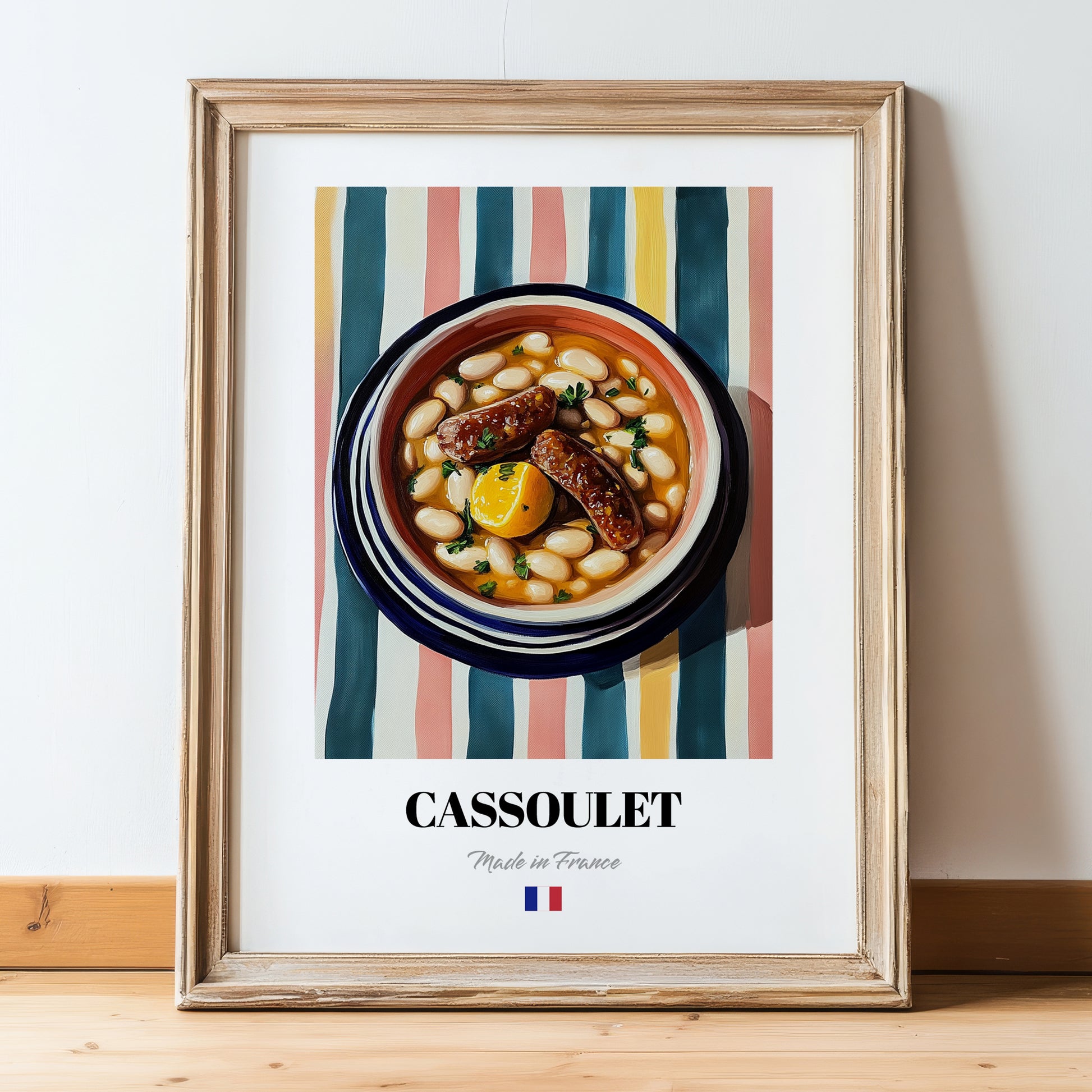 Cassoulet – on Striped Tablecloth, French Food Painting, in wooden frame leaning on the floor