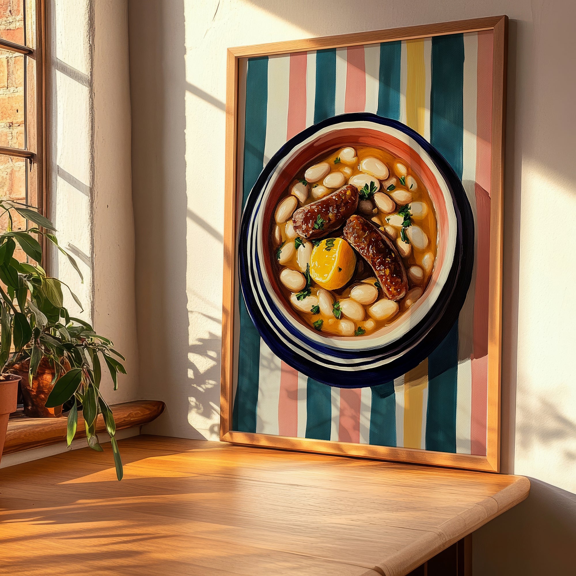 Cassoulet – on Striped Tablecloth, French Food Painting, clean layout with no caption
